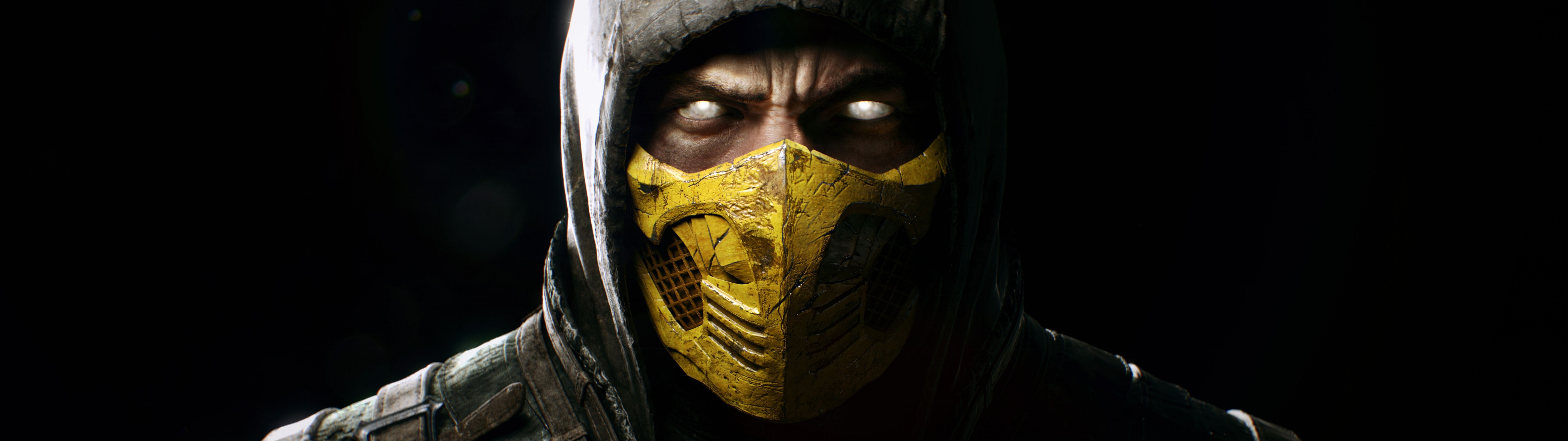 Scorpion, de Mortal Kombat, vestindo sua icônica armadura e máscara de ninja amarelos.