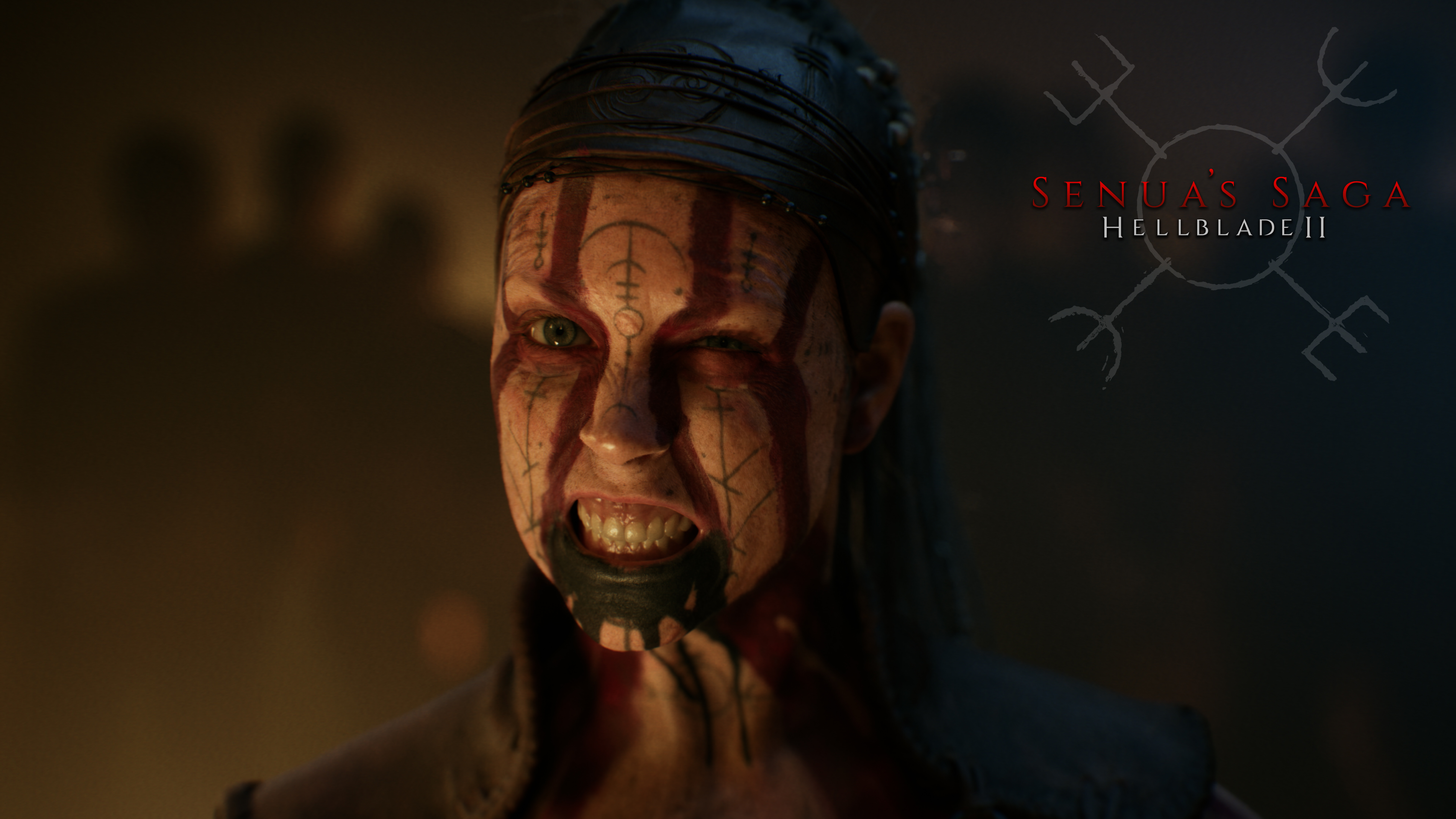 Um retrato em close-up, dramático e com detalhes impressionantes, de Senua, personagem do videojogo Senua's Saga: Hellblade II.
