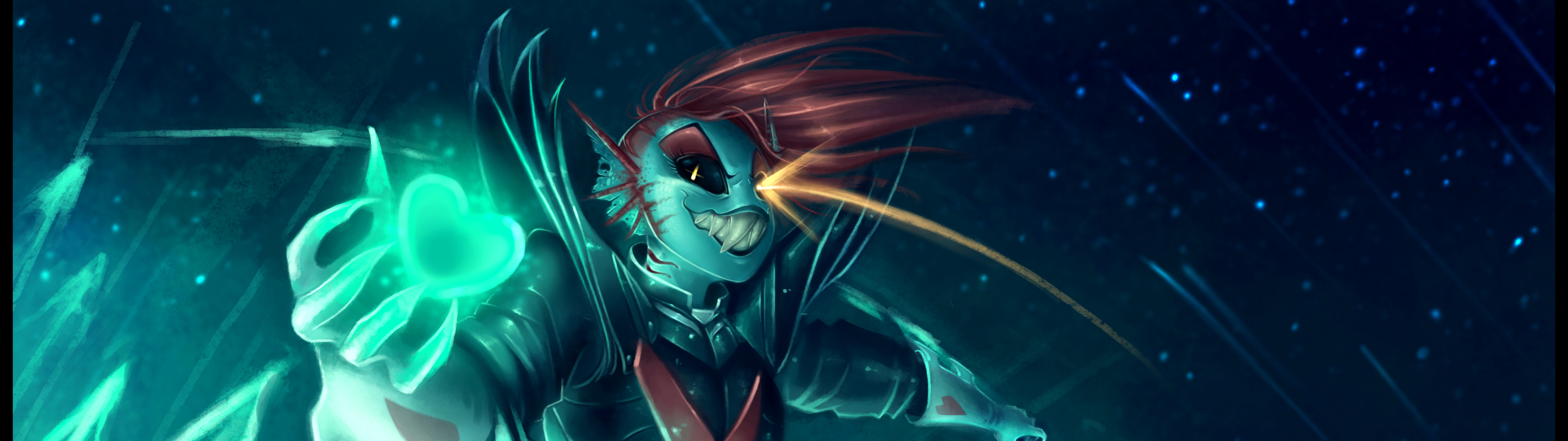 Undyne, a personagem imortal de Undertale, vestida com uma armadura, com cabelo vermelho e um símbolo de coração vermelho.