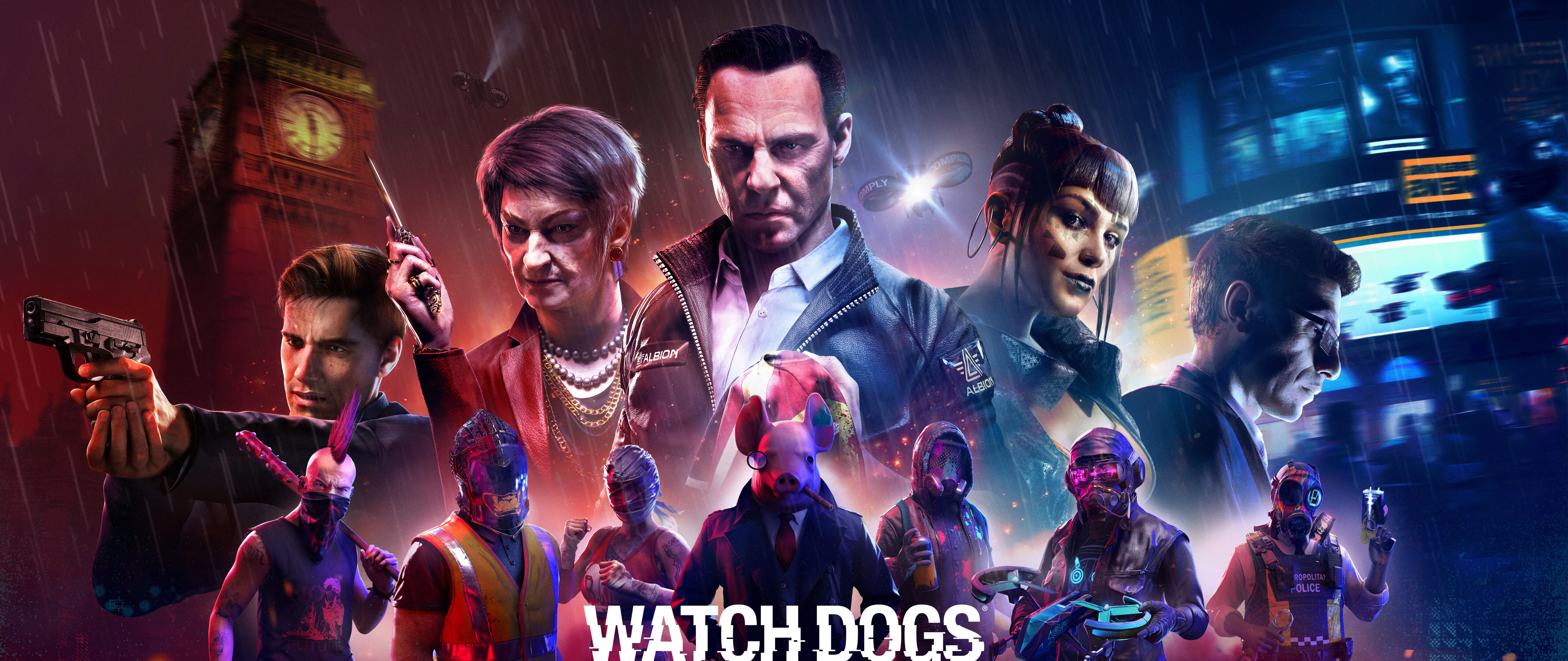 Um personagem do jogo Watch Dogs: Legion, vestindo roupas futuristas de alta tecnologia, está em uma viela escura e molhada pela chuva, em Londres.