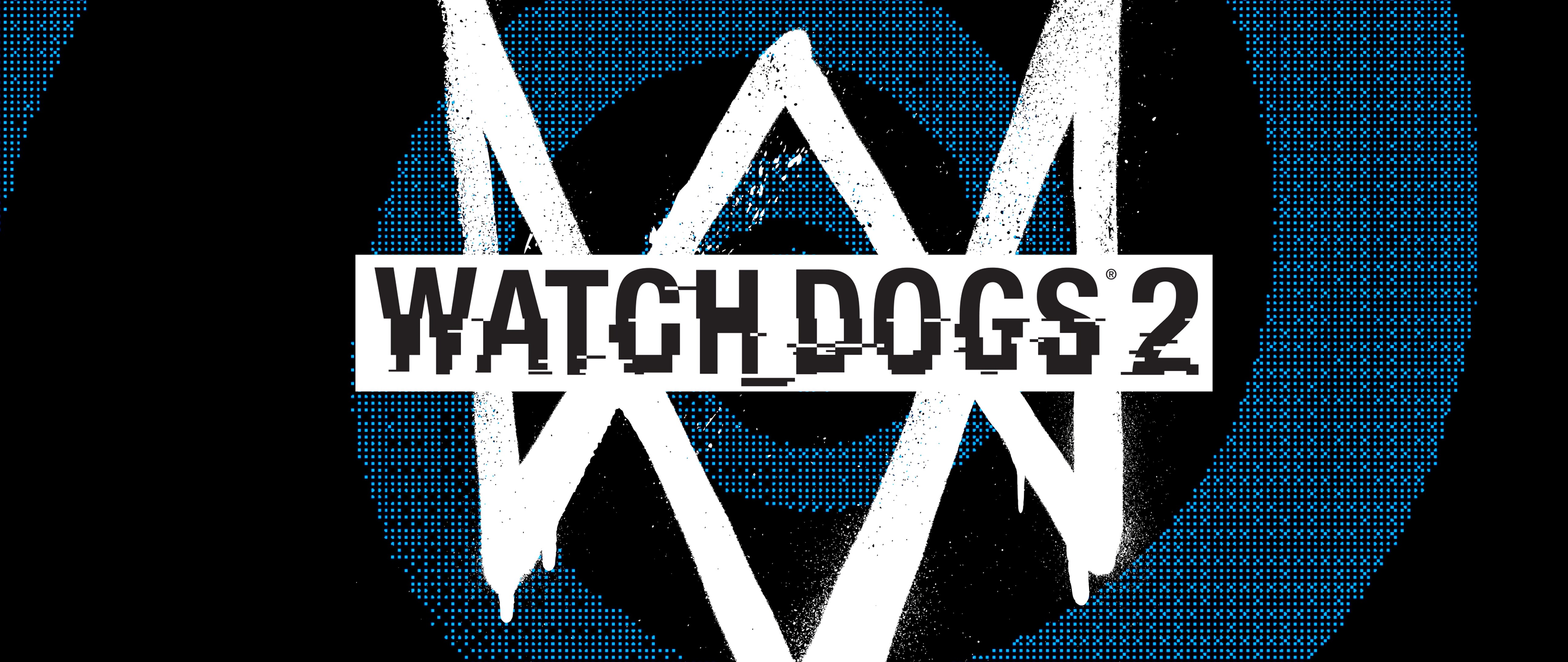 Logotipo do jogo Watch Dogs 2 e o personagem Marcus Holloway, num cenário de alta tecnologia com o tema da pirataria informática.