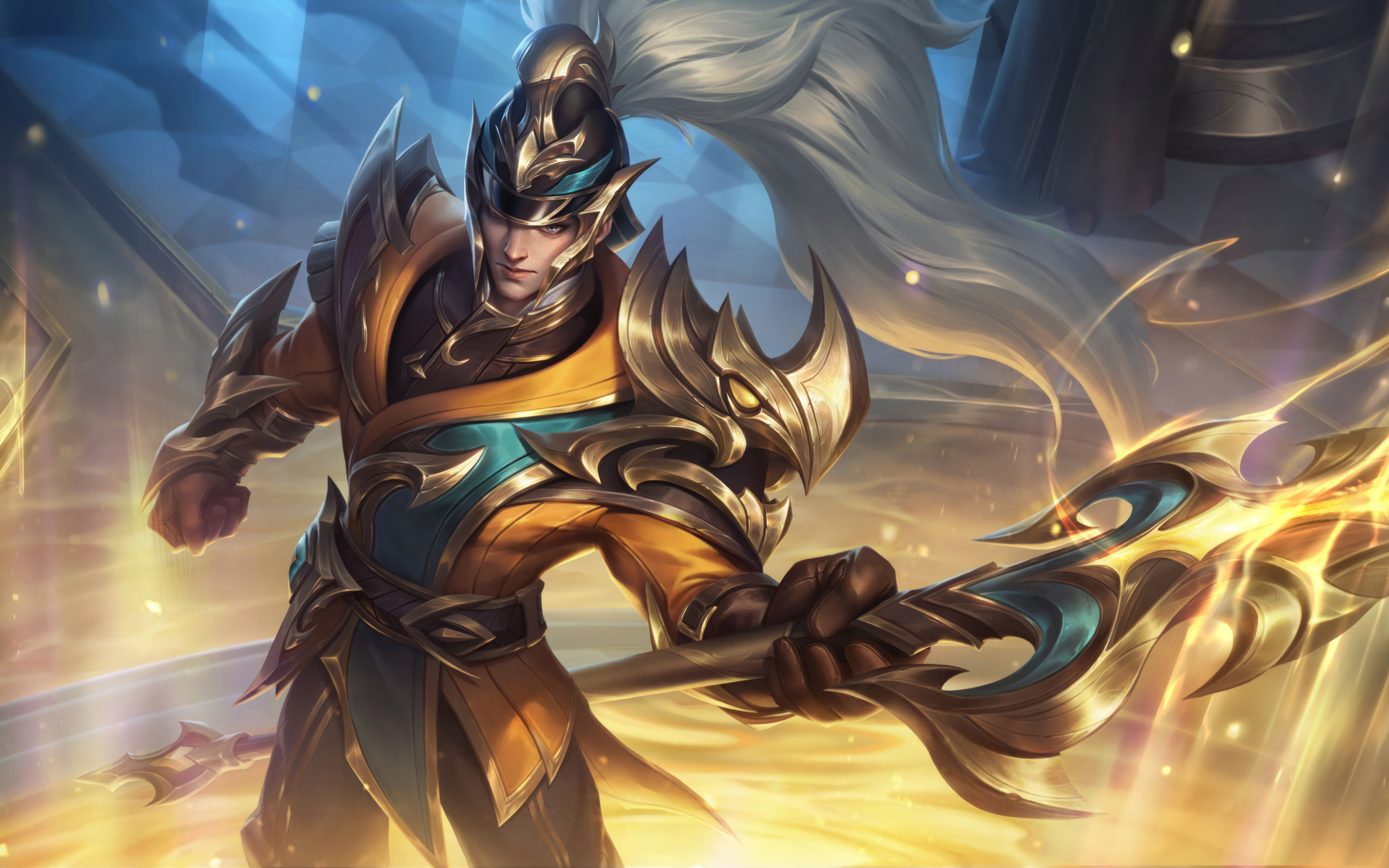 Xin Zhao, de League of Legends, posa com sua lança, sua arma característica.
