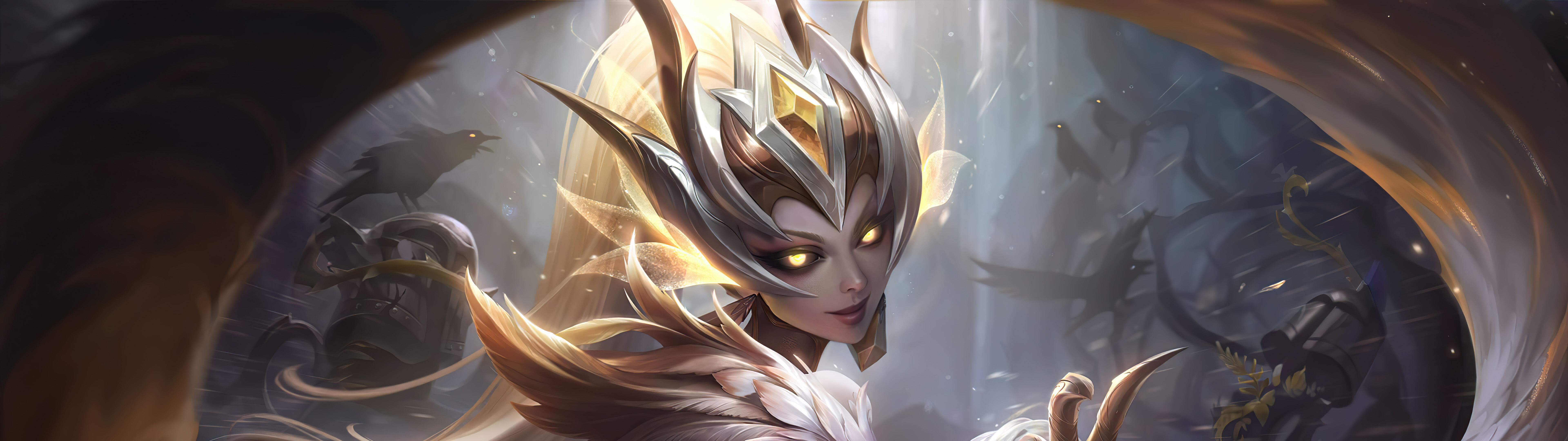 Ilustração detalhada de Zyra, do jogo League of Legends, cercada por vinhas mágicas e espinhosas e por uma vegetação exuberante.