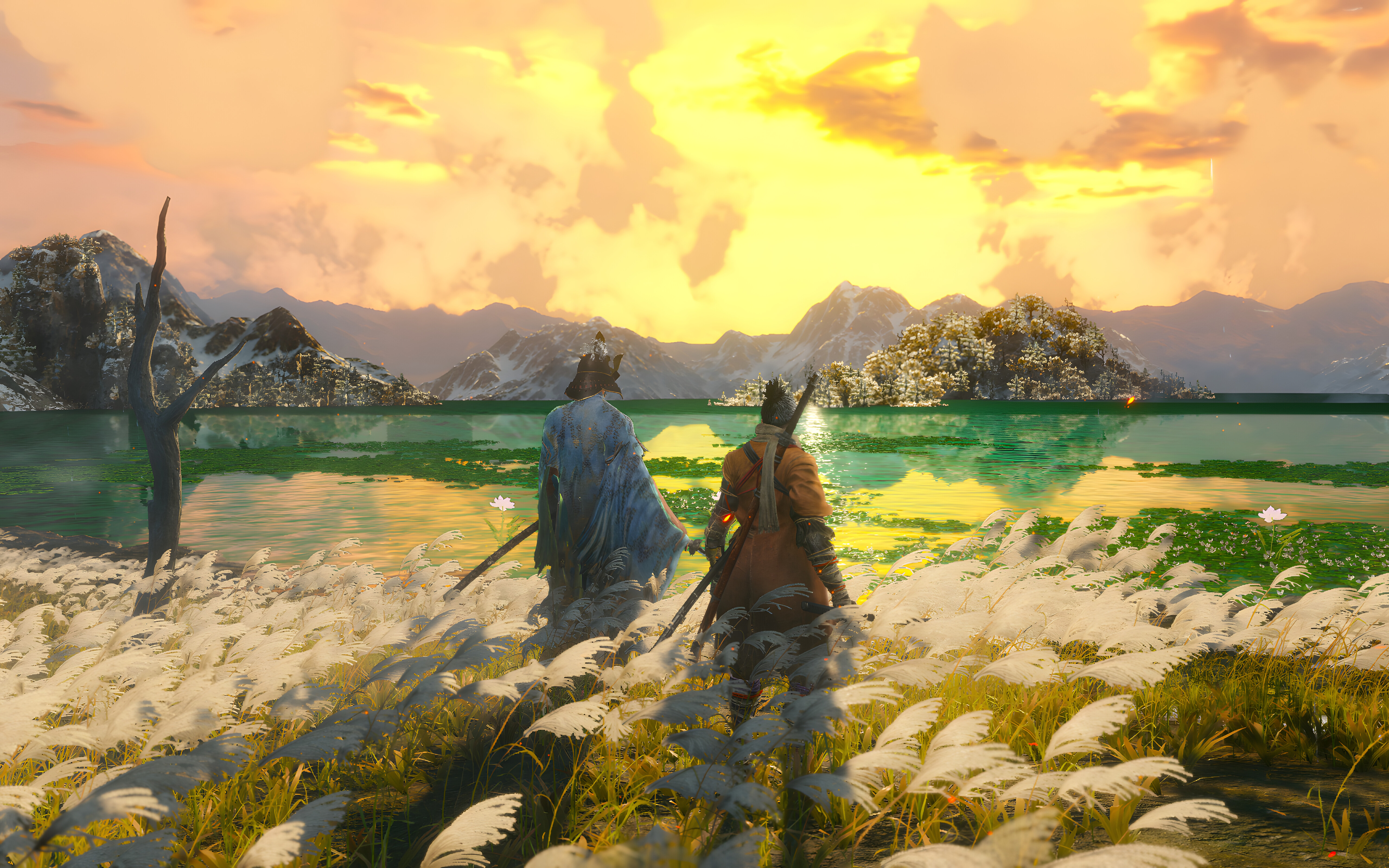 Isshin Ashina, do jogo Sekiro: Shadows Die Twice, durante um momento de reencontro feliz.
