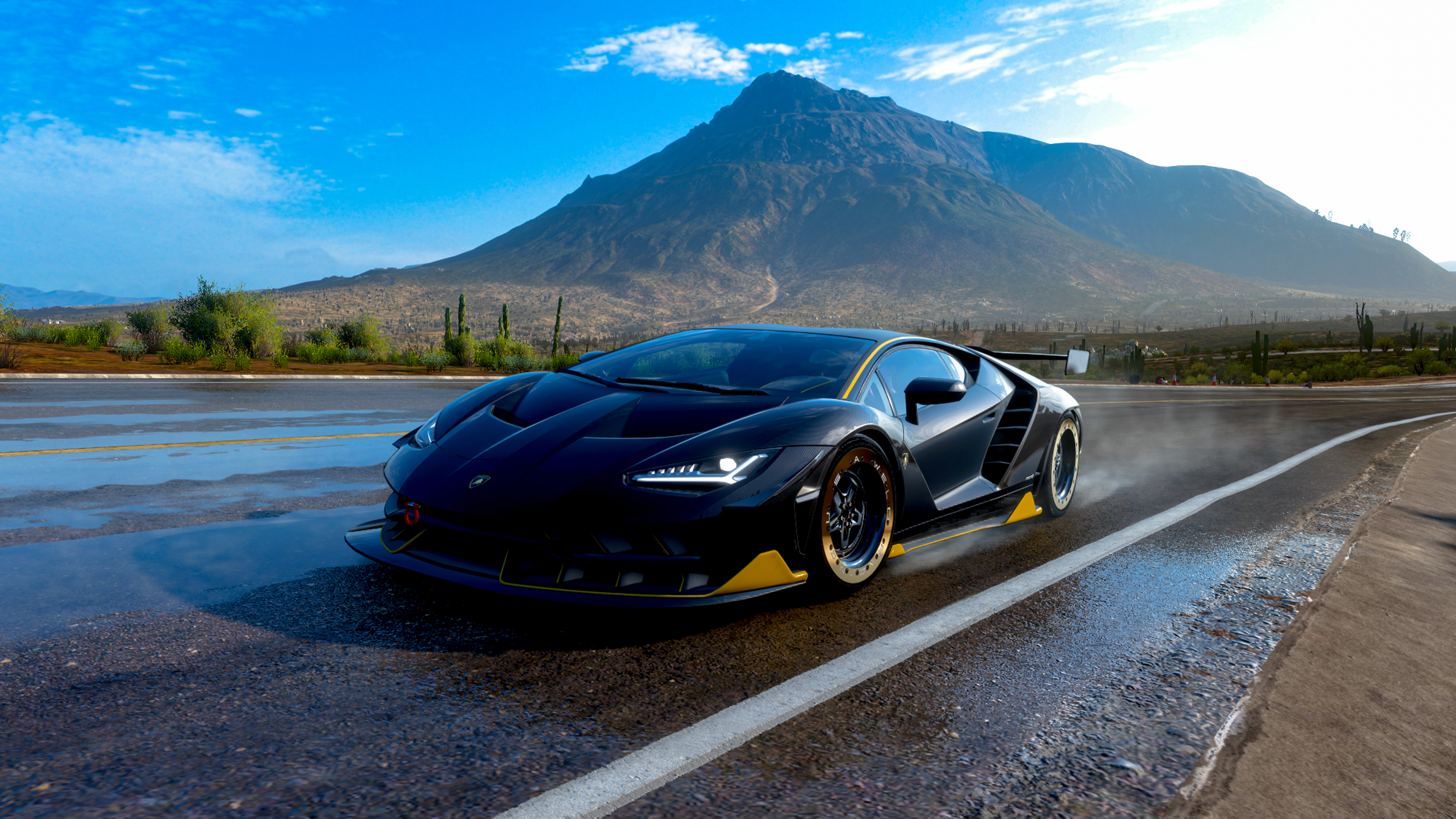 Um supercarro Lamborghini Centenario de alto desempenho, capturado durante uma partida do jogo Forza Horizon 5.