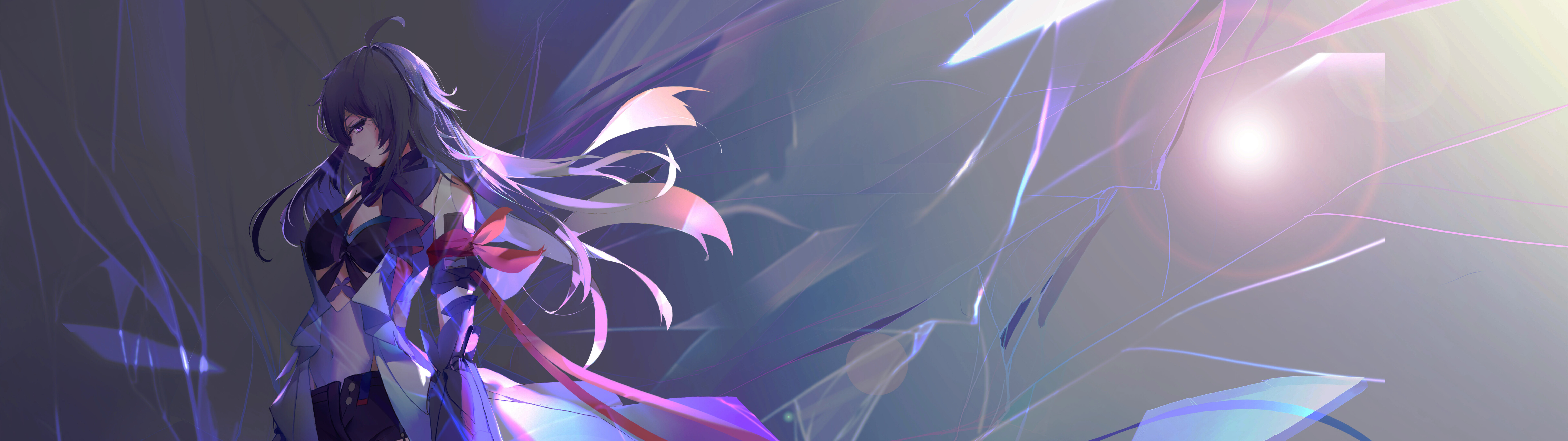 Um retrato cinematográfico de Seele Vollerei, de Honkai: Star Rail, que destaca o seu icónico cabelo roxo e a iluminação escura e envolvente.