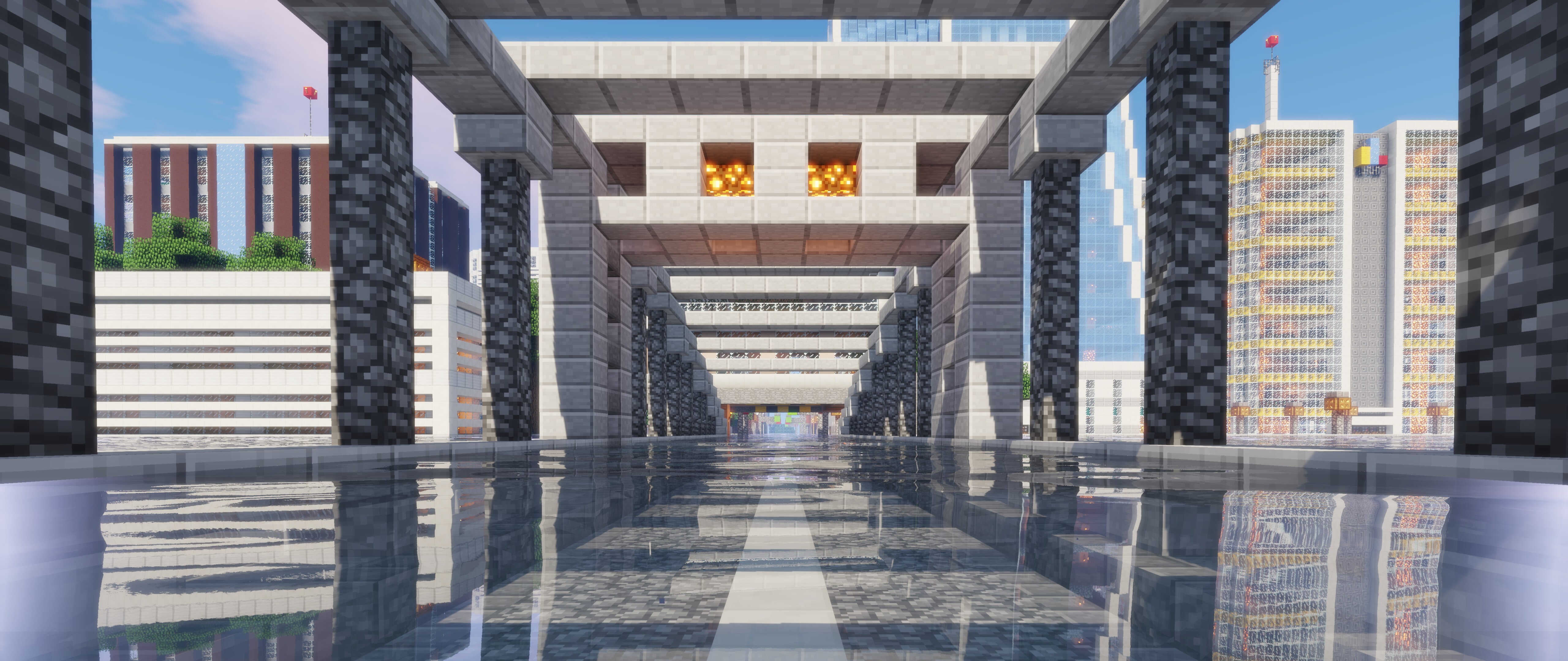 O personagem Steve, do jogo Minecraft, está em pé num belo cenário composto por blocos, com montanhas ao fundo.