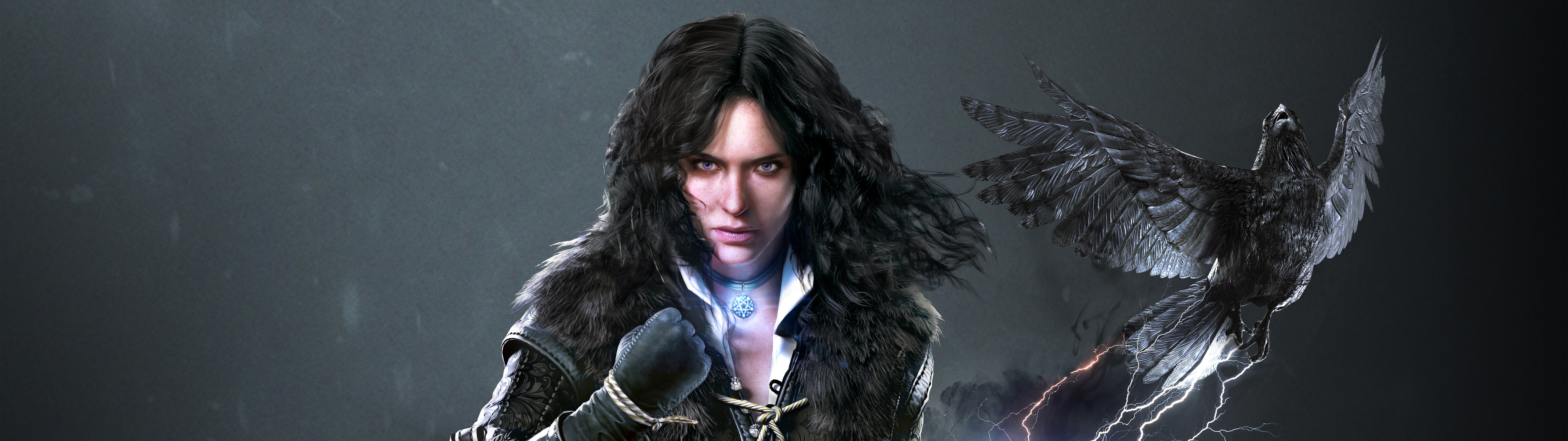 Um retrato detalhado da feiticeira Yennefer de Vengerberg, do jogo The Witcher 3: Wild Hunt.