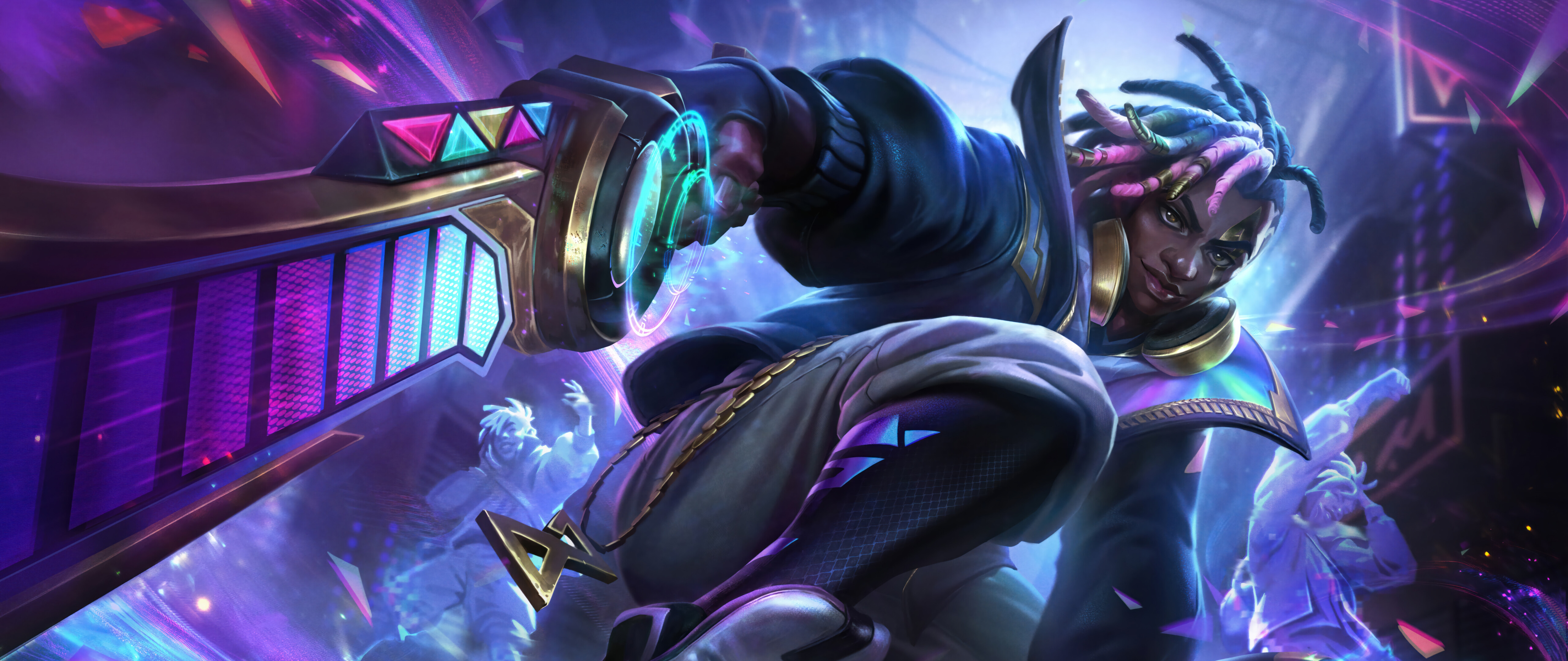 Uma ilustração digital de alta qualidade de Ekko, do jogo League of Legends, com luzes neon e vestuário urbano futurista.