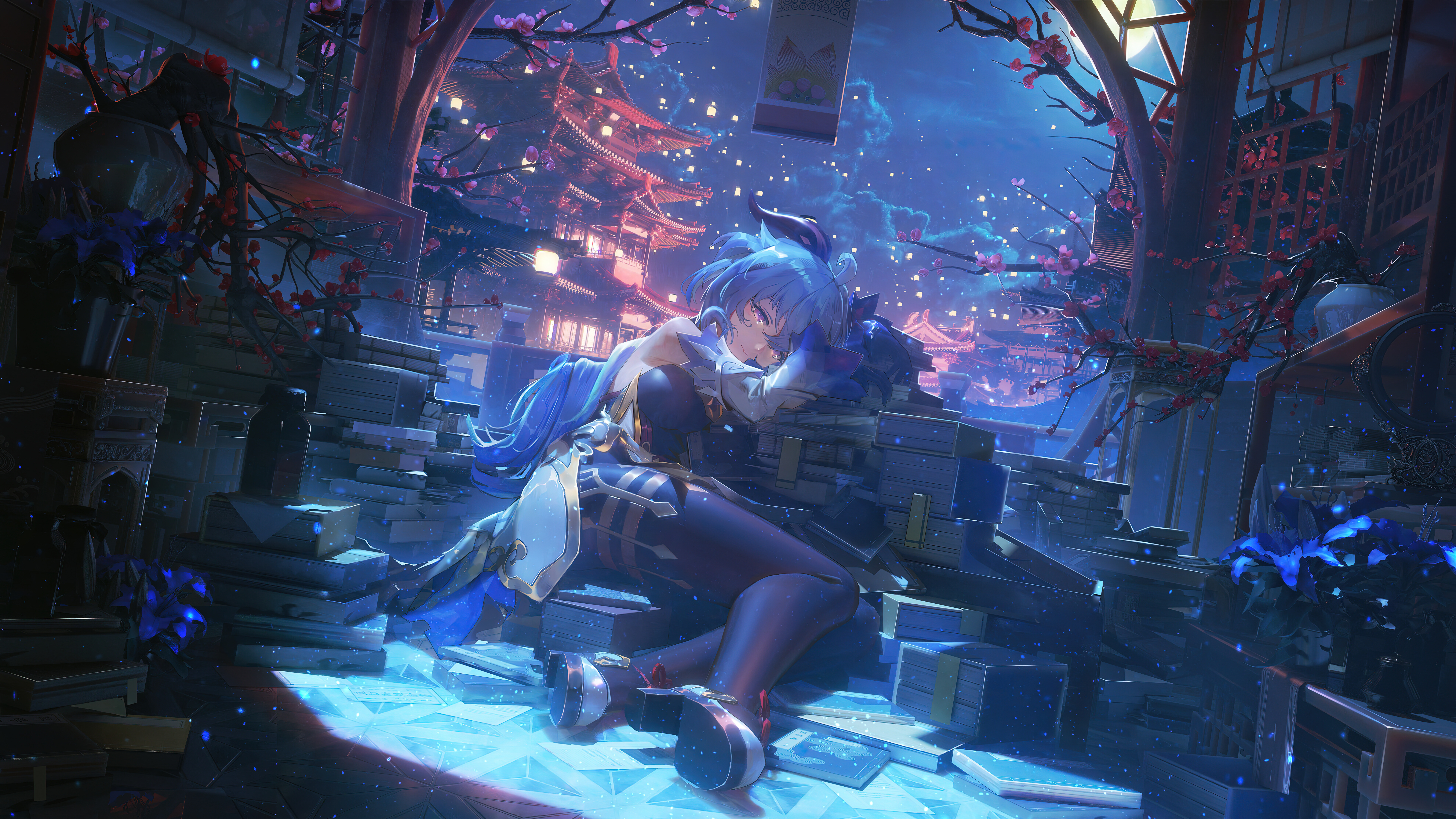 Uma representação incrivelmente detalhada de Ganyu, da personagem do jogo Genshin Impact, destacando os seus característicos chifres e o seu elegante design.