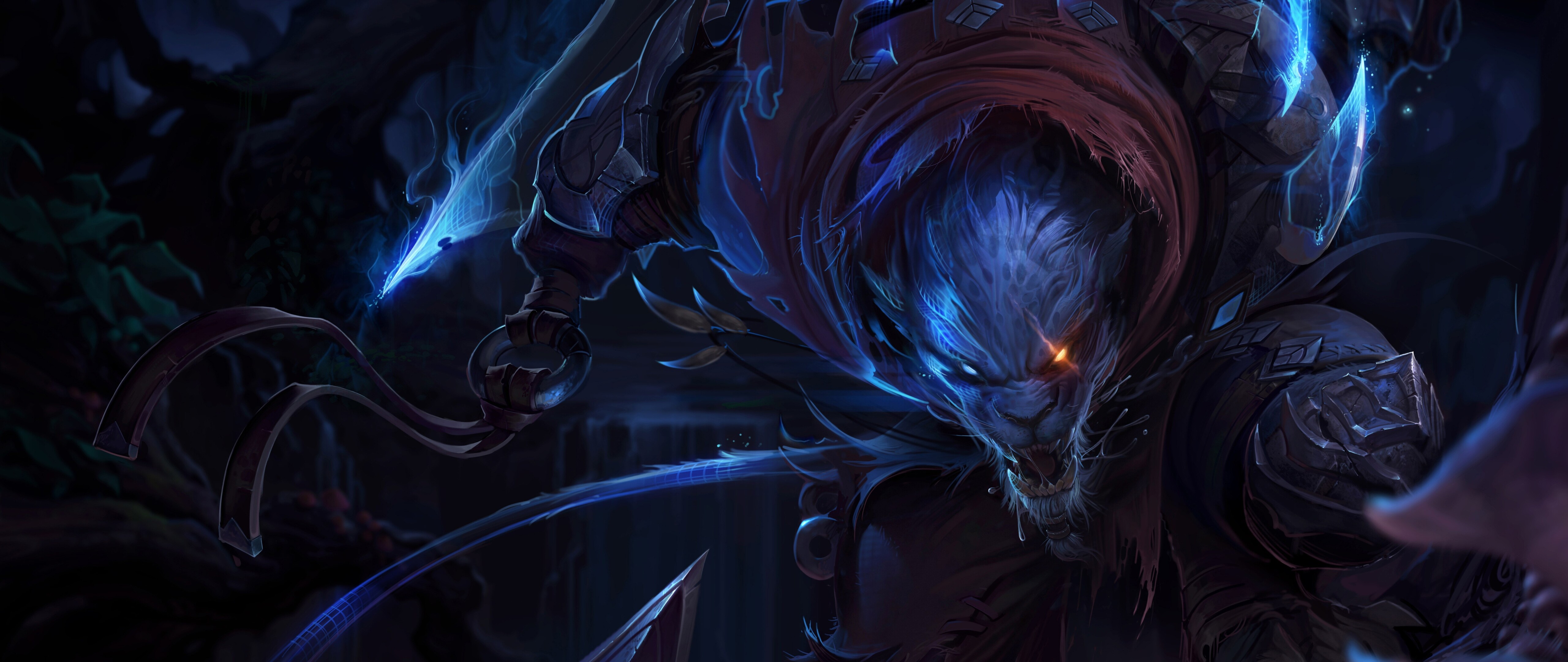 Uma ilustração detalhada da personagem Rengar, de League of Legends, numa pose que demonstra que está pronta para o combate.
