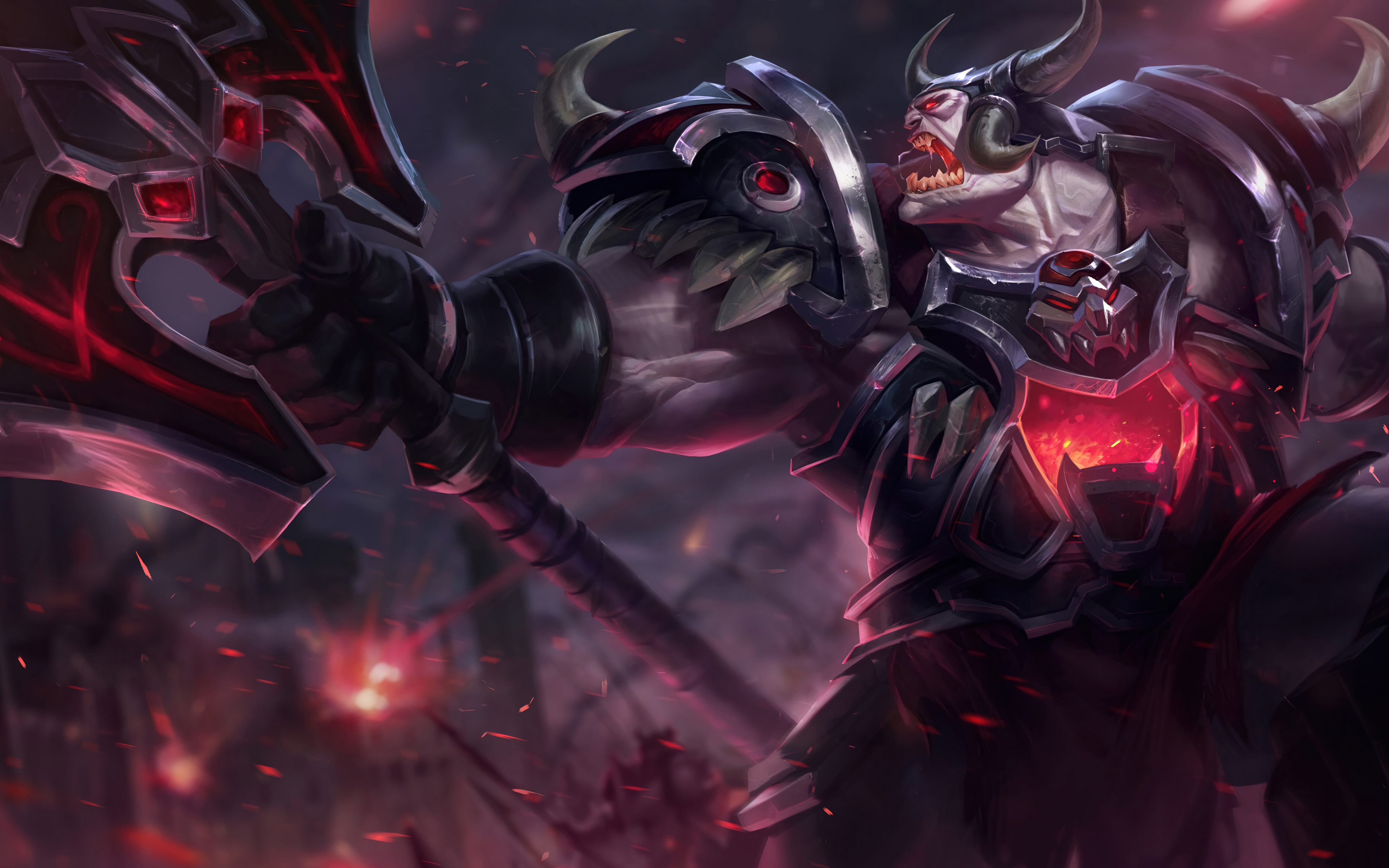 Sion, o implacável campeão não-morto de League of Legends, em uma pose imponente.