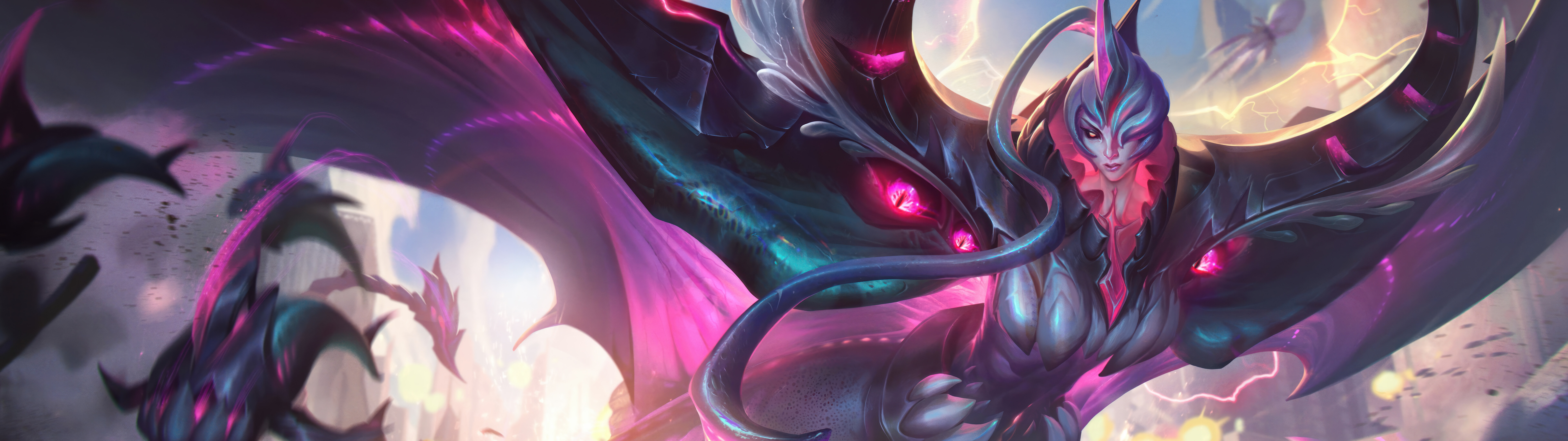 Bel'Veth, a Imperatriz do Vazio, de League of Legends, com elementos cósmicos e orgânicos que refletem a estética do Vazio.