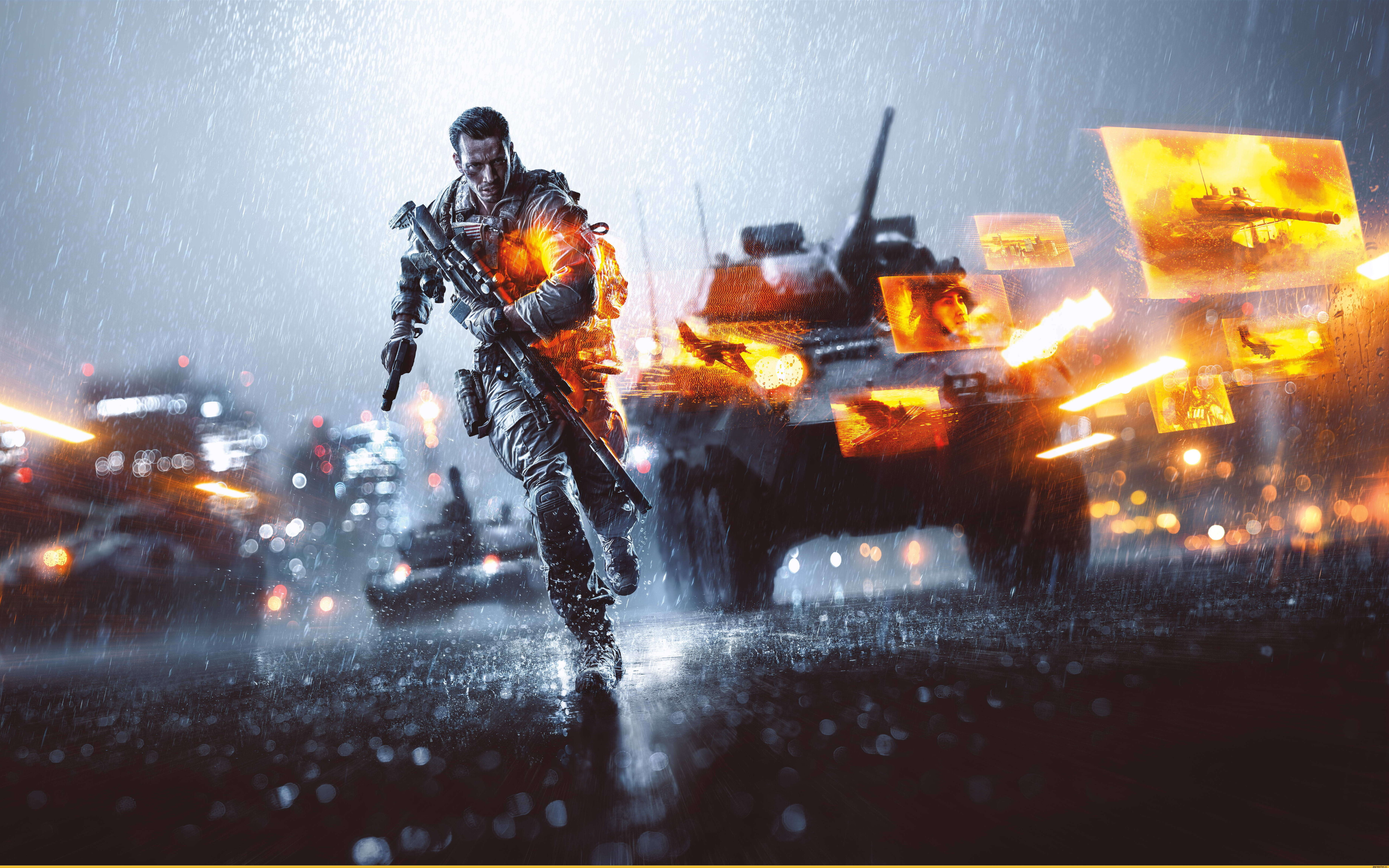 Um pesado tanque militar atravessa um campo de batalha cheio de fumo e destroços, durante uma intensa operação de combate.