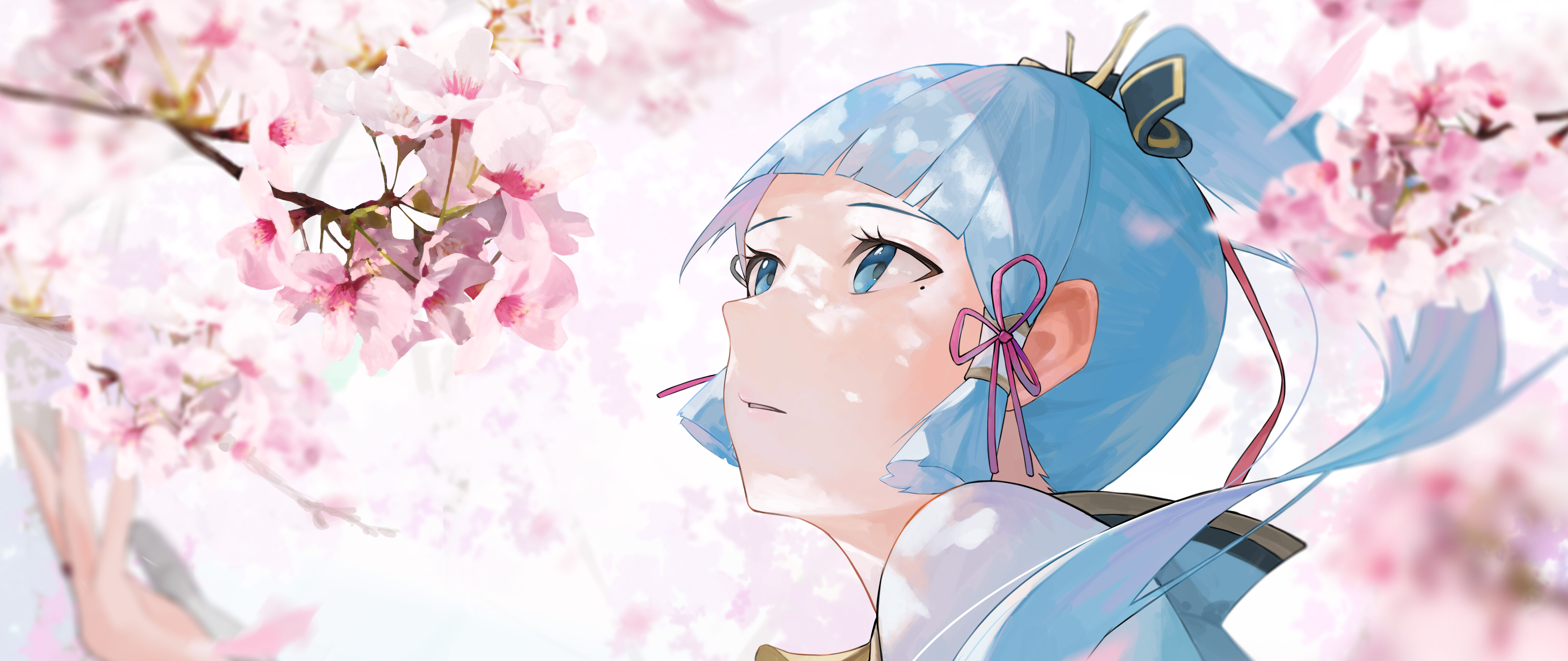 Um retrato detalhado da personagem Kamisato Ayaka, do jogo Genshin Impact.