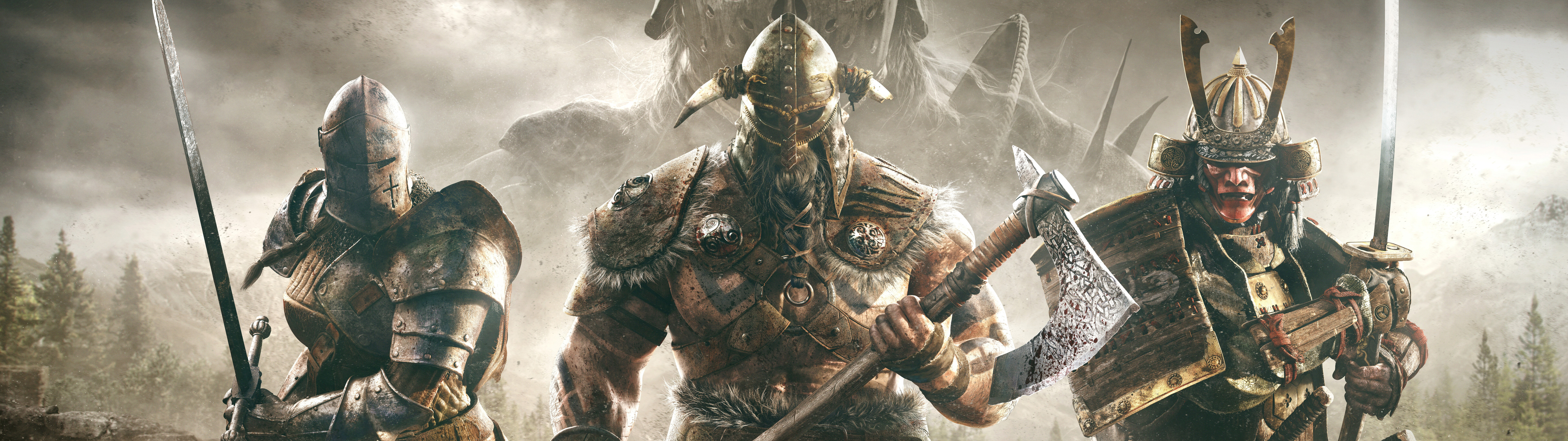 Um cavaleiro fortemente blindado, proveniente do videojogo For Honor, preparava-se para o combate medieval num campo de batalha.