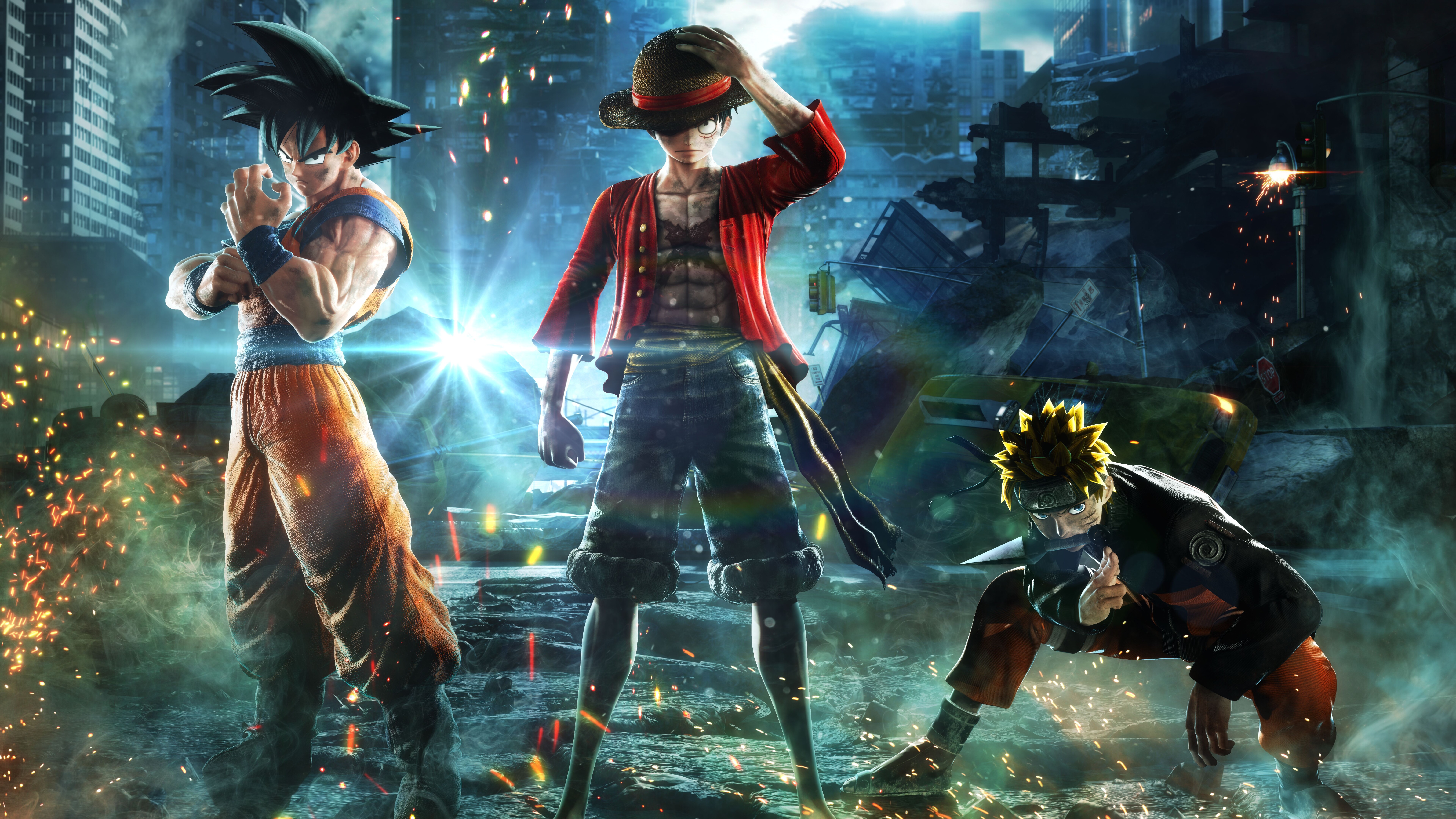 Naruto Uzumaki, Monkey D. Luffy e Goku juntos, numa pose dramática de batalha, inspirada em Jump Force.