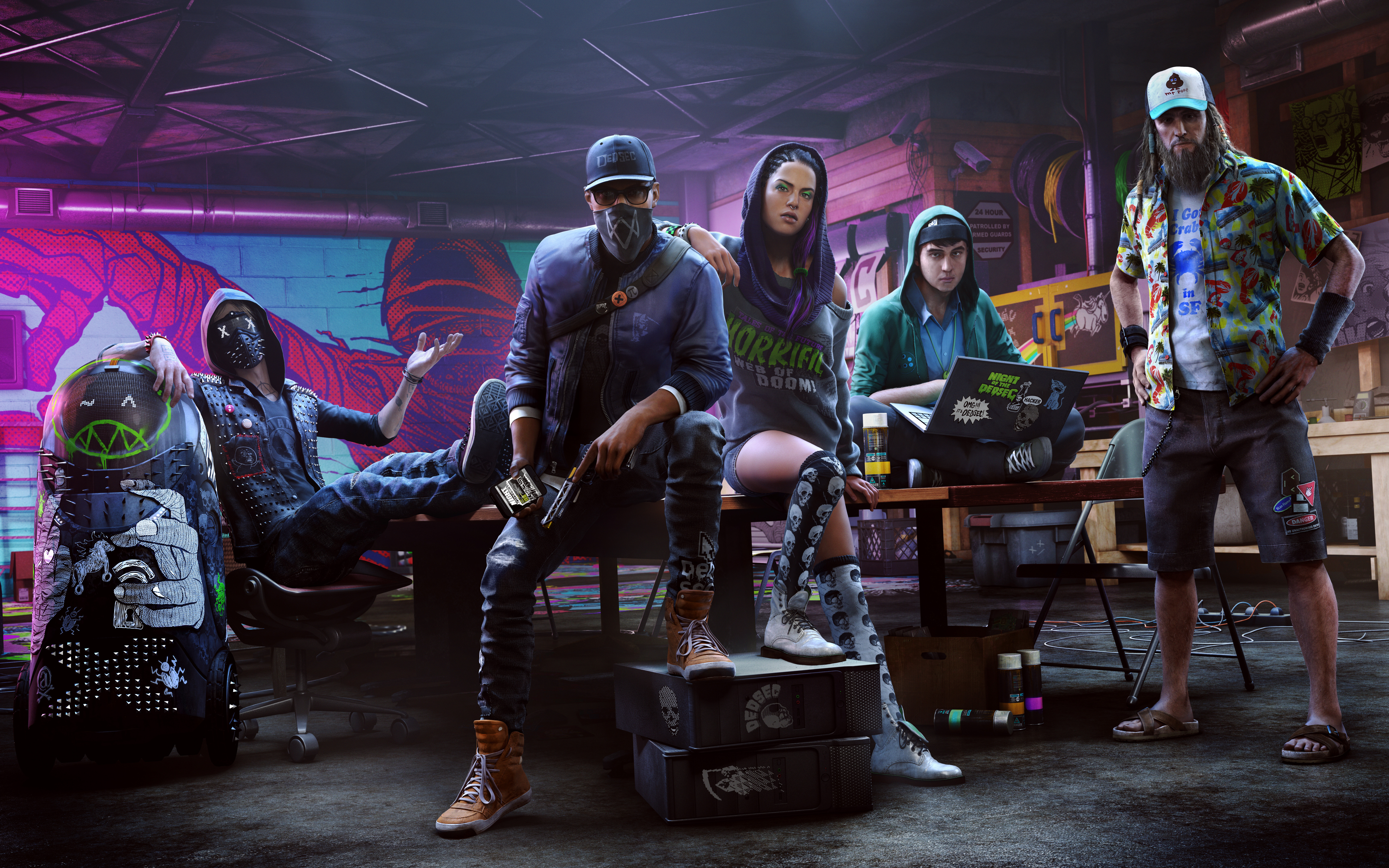 Marcus Holloway, de Watch Dogs 2, em um ambiente urbano repleto de tecnologia, com elementos de pirataria digital.