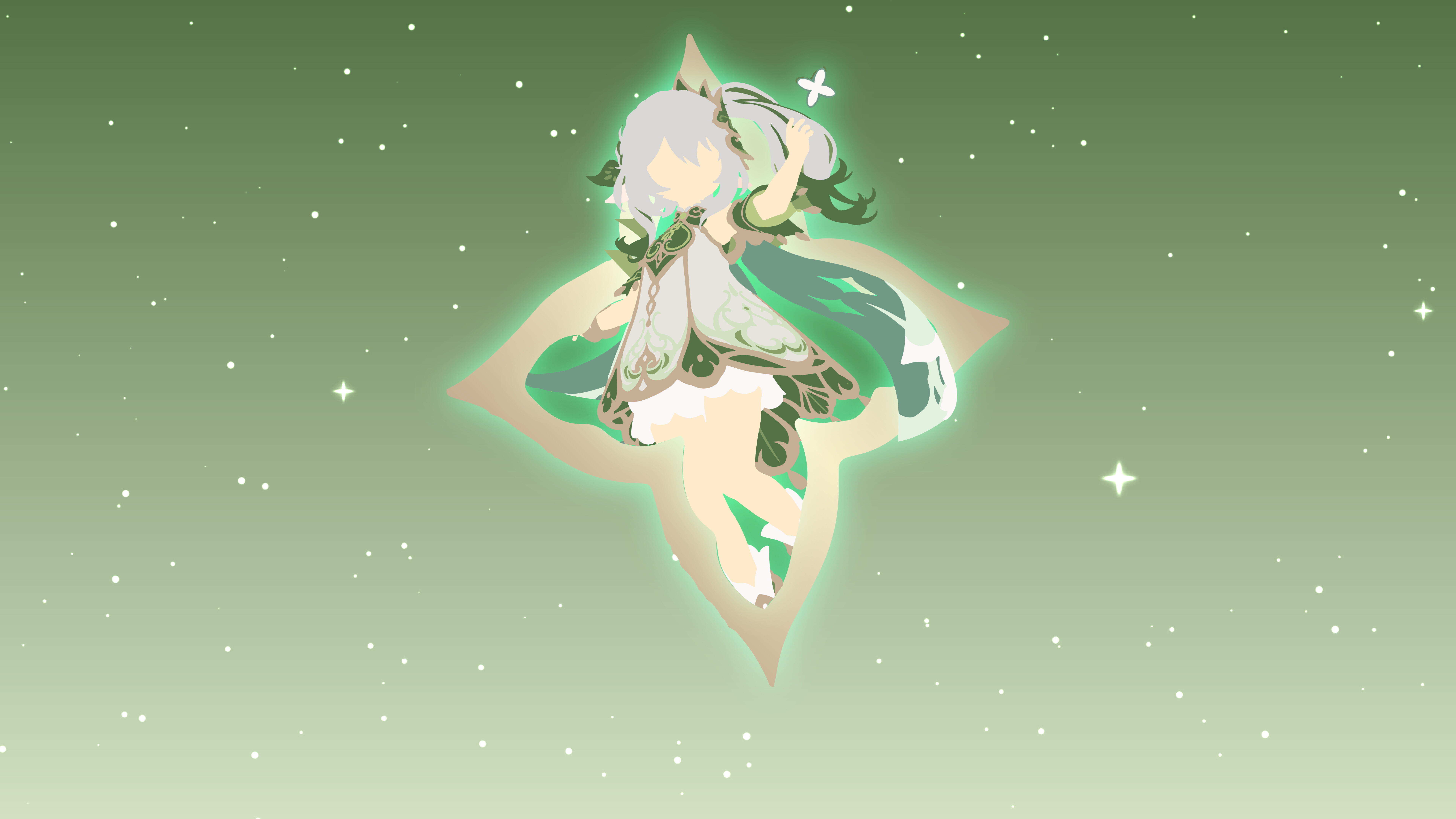 Um retrato deslumbrante de Nahida, de Genshin Impact, onde se destaca o seu característico vestuário verde e branco e a temática do elemento Dendro.