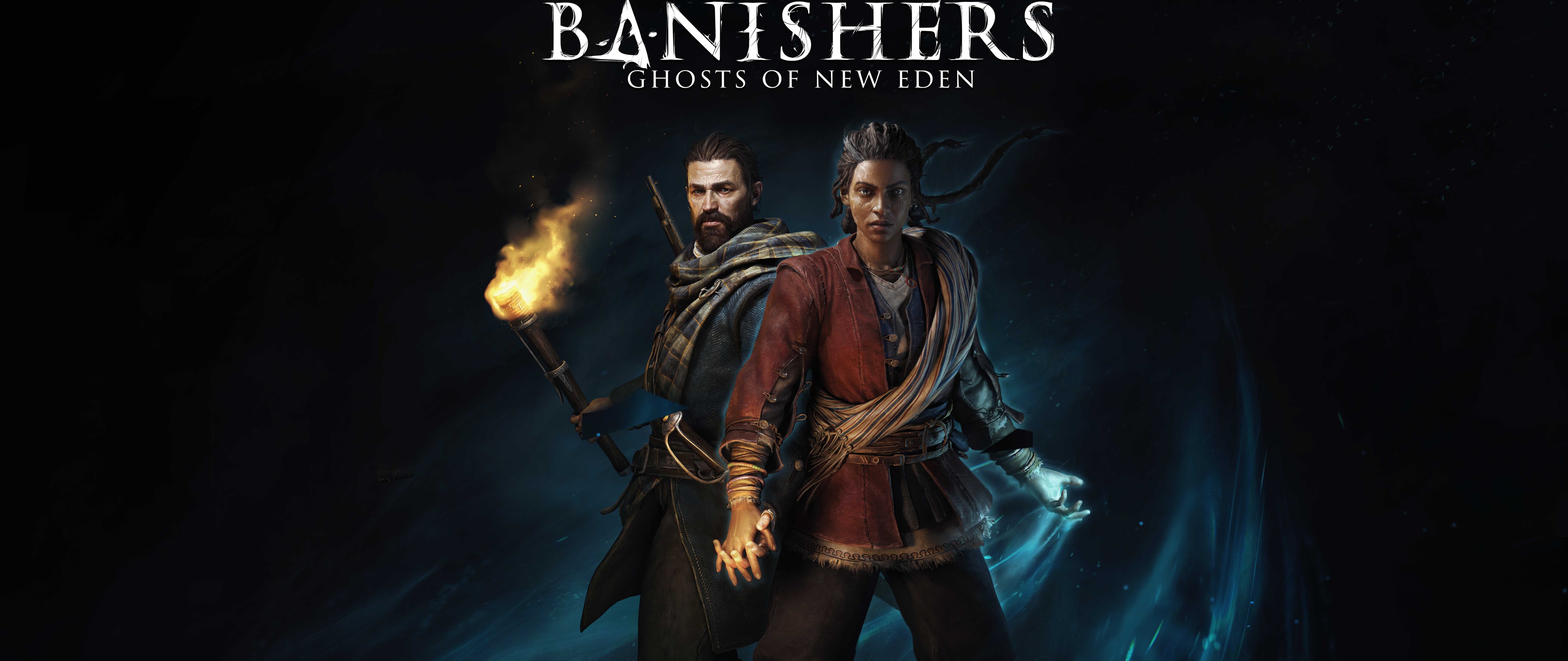 Os personagens Red e Antea, do jogo Banishers: Ghosts of New Eden, estão em um ambiente nebuloso e sobrenatural.