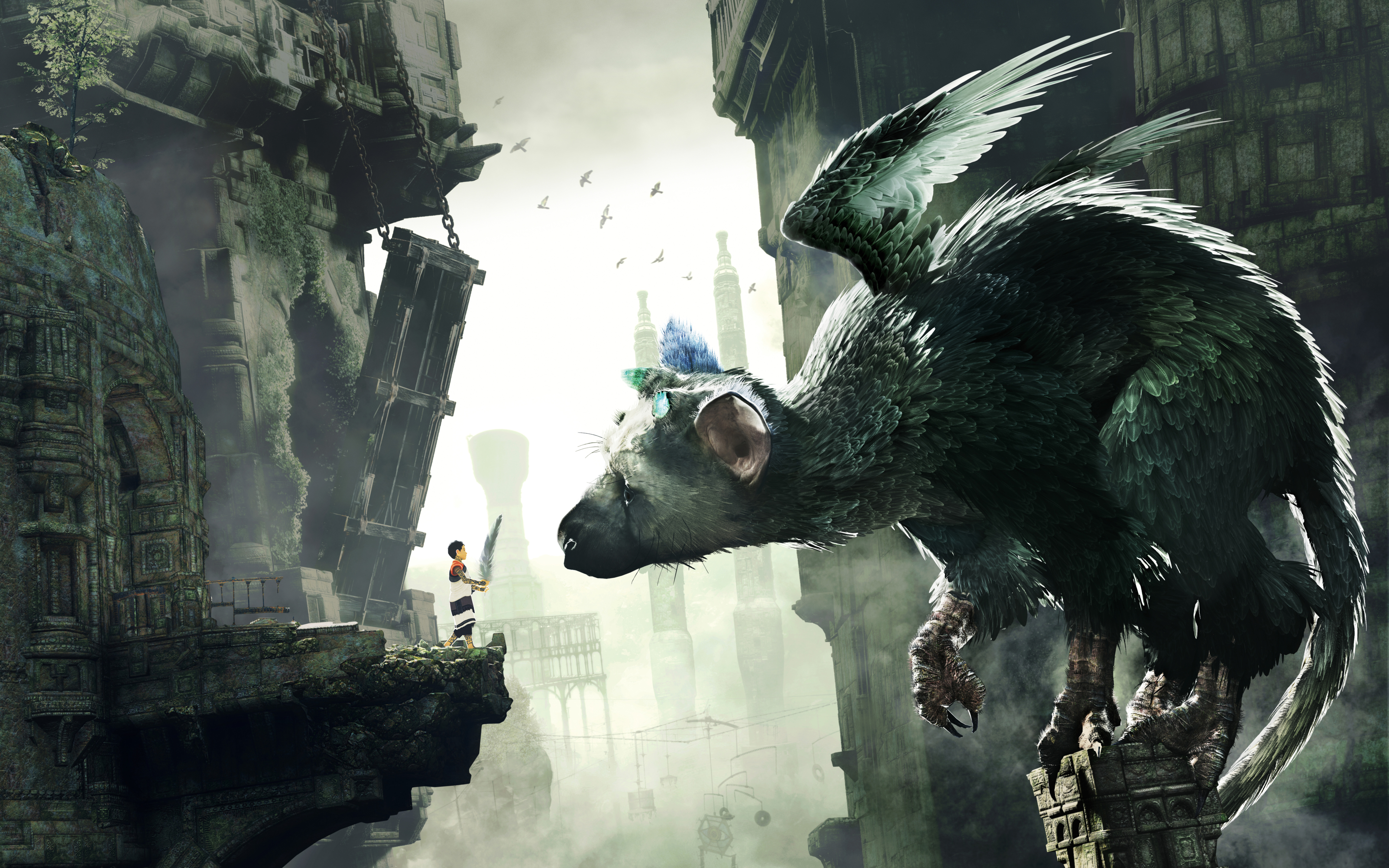 Trico, a criatura icónica de The Last Guardian, em meio a uma arquitetura antiga de pedra.