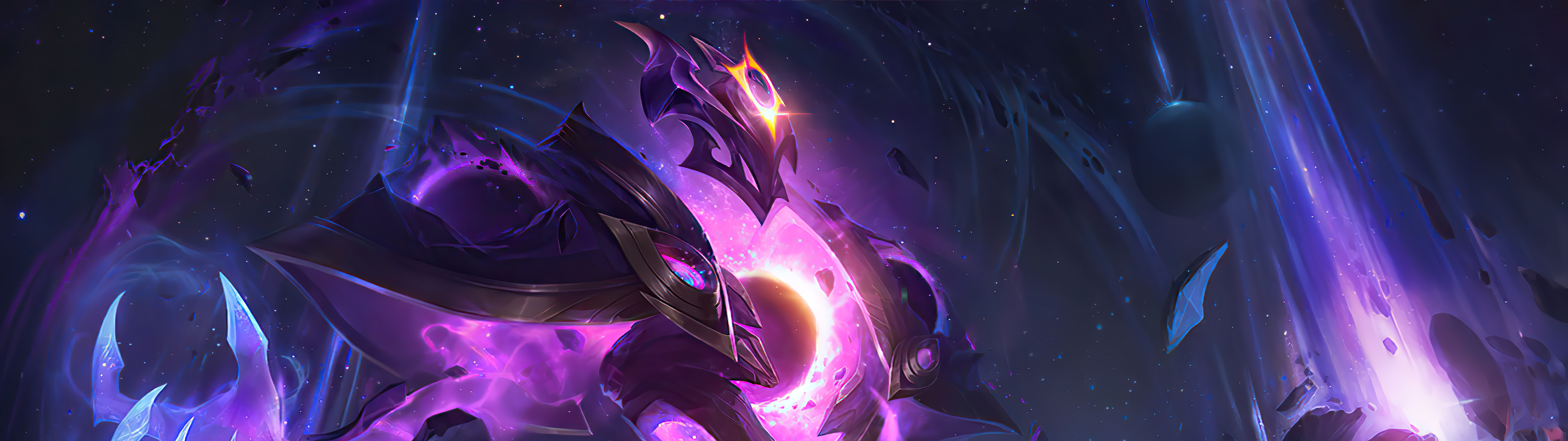 Xerath, de League of Legends, envolto por uma energia mágica azul brilhante.