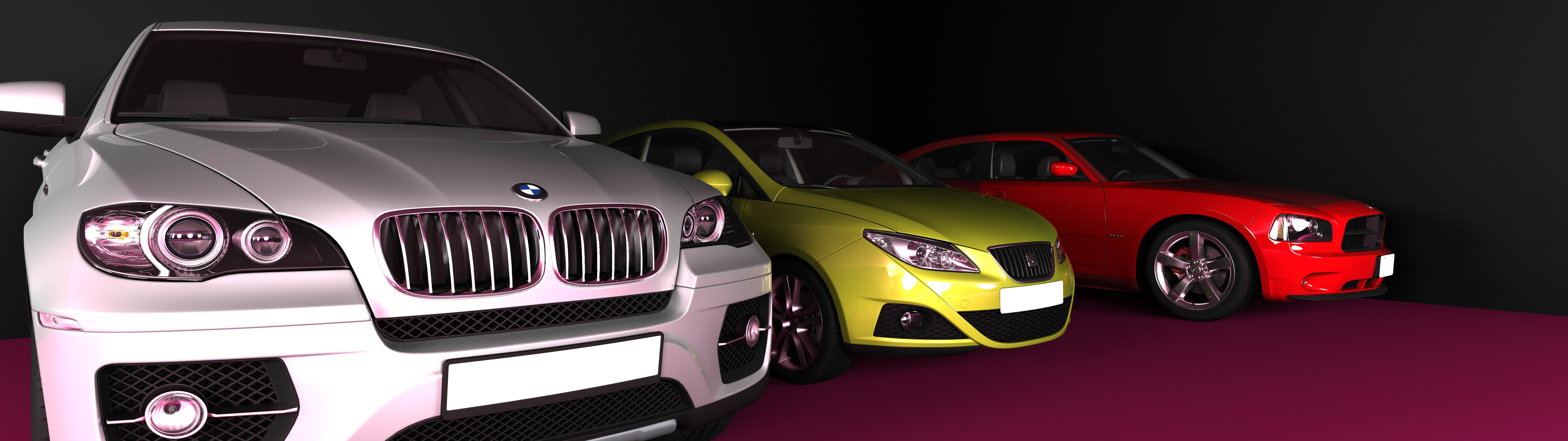 Uma renderização 3D profissional, criada com tecnologia de imagem gerada por computador (CGI), que apresenta uma coleção de carros de luxo das marcas Dodge, Seat e BMW.
