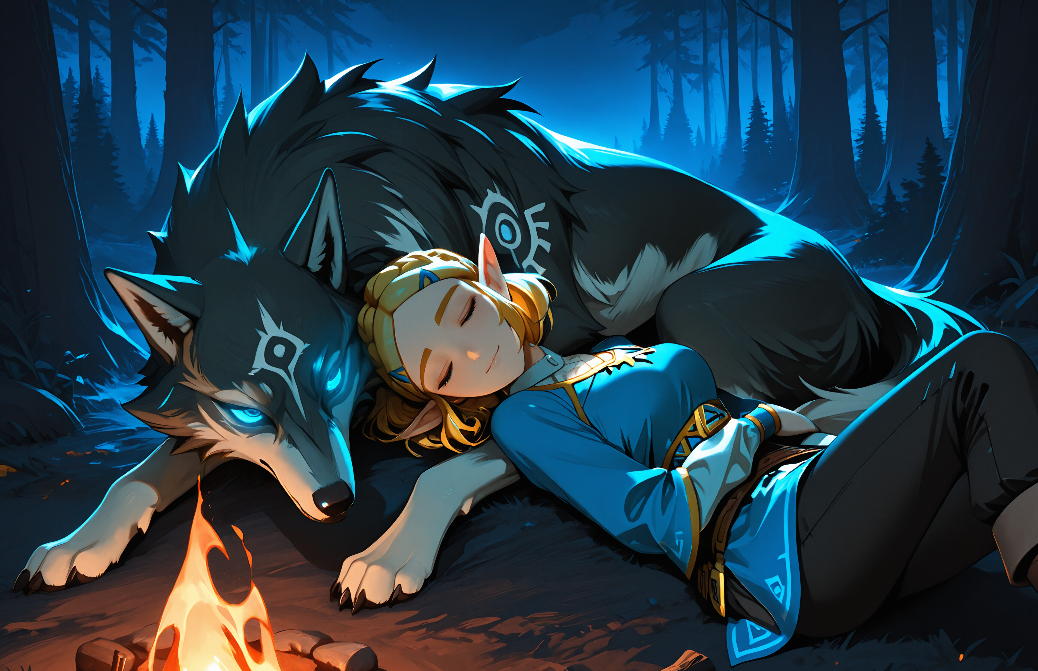 A princesa Zelda, vestida com sua túnica azul, dorme tranquilamente, encostada no grande Wolf Link, de pelagem escura, ao lado de uma fogueira em uma floresta durante a noite. Wolf Link está acordado, com os olhos azuis brilhando, e a observa atentamente.