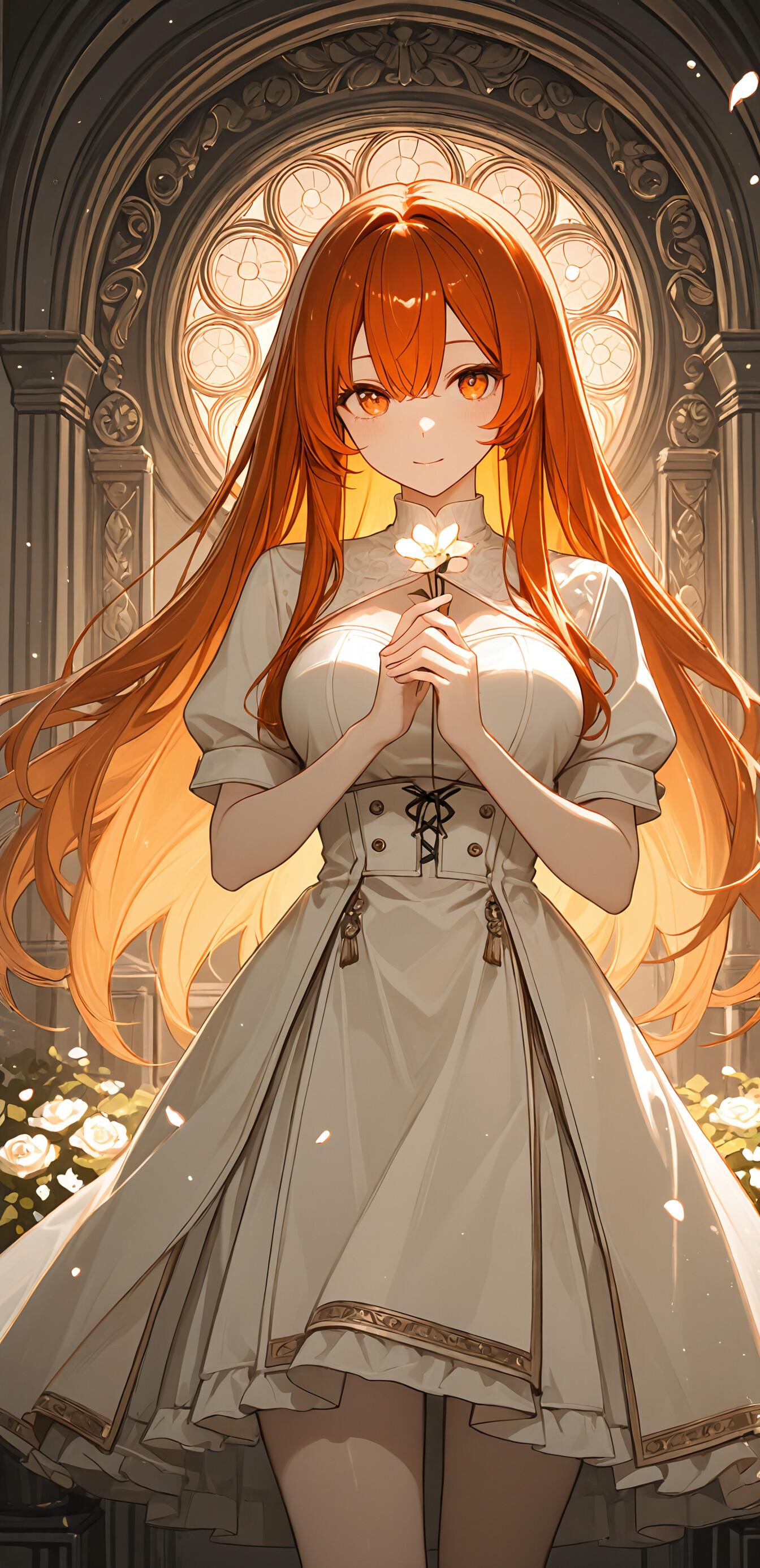 Uma ilustração em estilo anime de Ritsuka Fujimaru (Gudako), de Fate/Grand Order, mostrando uma jovem com longos cabelos laranja brilhantes e olhos cor de âmbar, vestida com um elegante vestido preto em um jardim escuro repleto de rosas douradas.