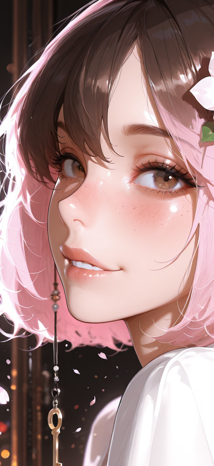 Um retrato digital em close-up de Neopolitan, personagem da série RWBY, uma jovem com cabelos castanhos e rosa. Ela tem flores de cerejeira no cabelo, olhos castanhos, sardas, um sorriso suave e usa um brinco em forma de chave dourada.