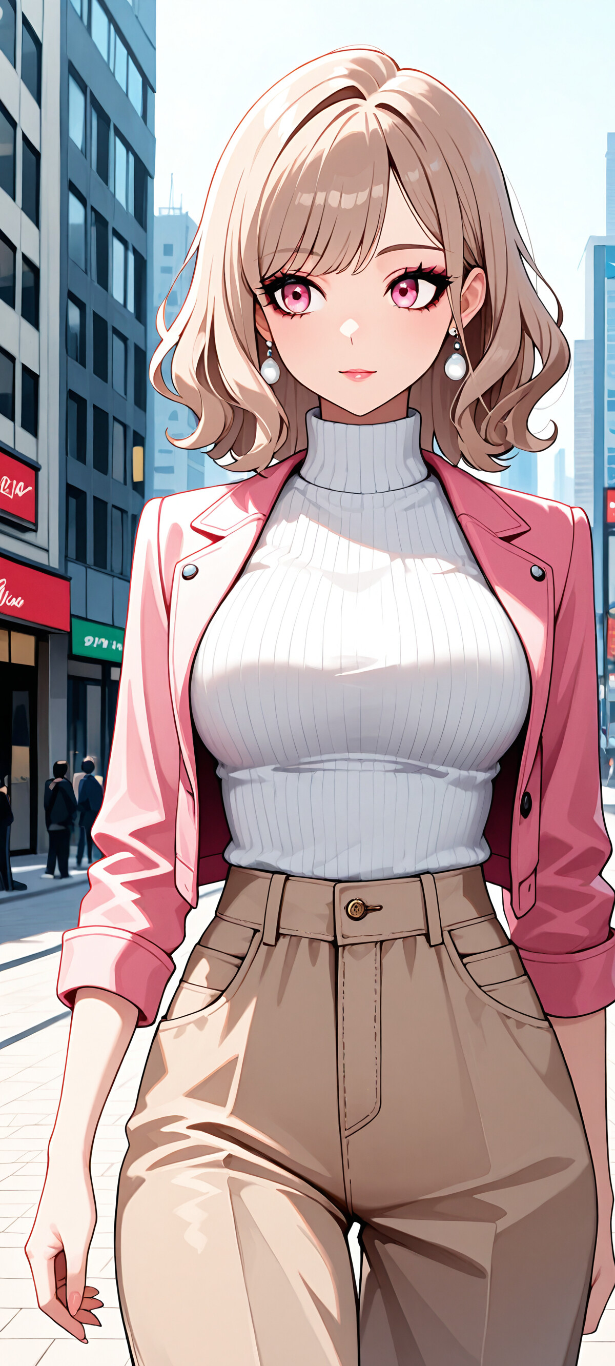 Uma ilustração em estilo anime de uma jovem elegante, com cabelos loiros e ondulados e olhos cor-de-rosa, caminhando por uma rua da cidade, vestindo um casaco cor-de-rosa, um suéter de gola alta branco e calças bege.