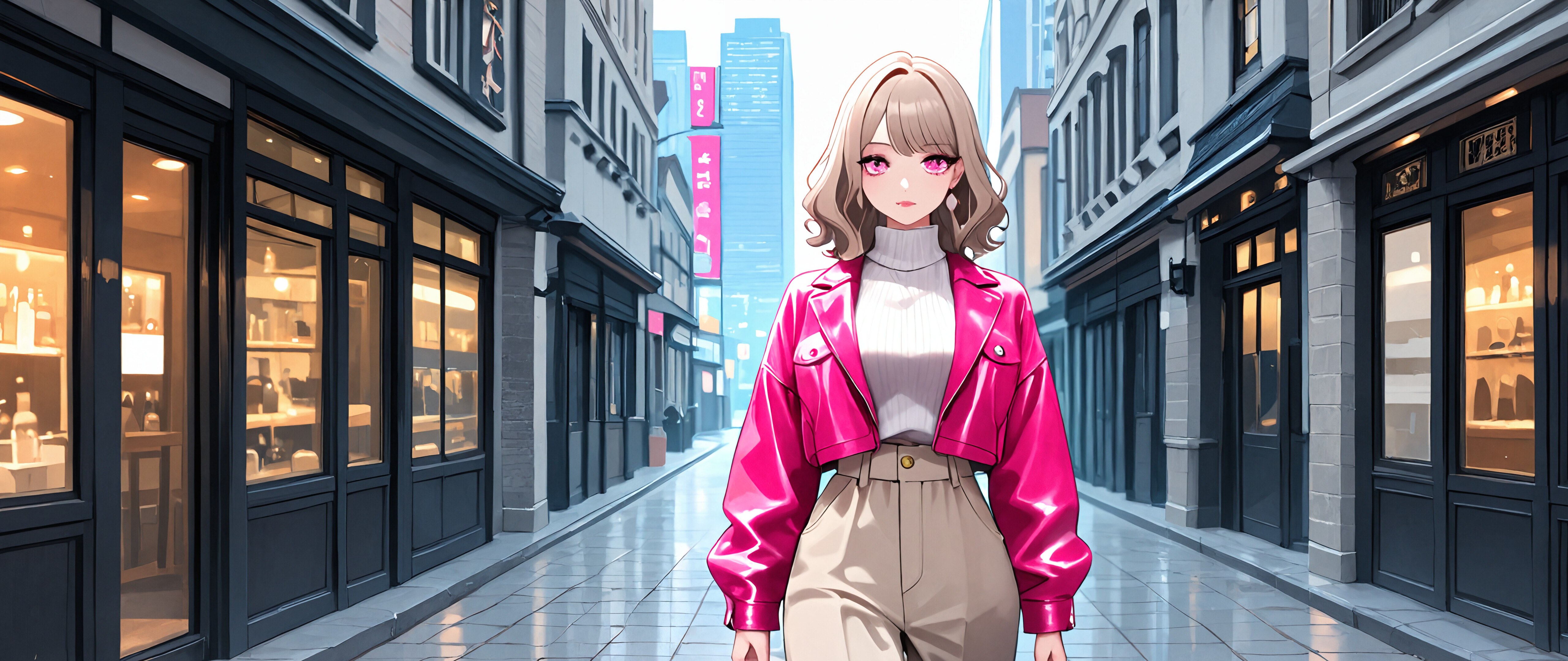 Uma ilustração em estilo anime de uma jovem elegante, com cabelos loiros e ondulados e olhos cor-de-rosa, caminhando por uma rua da cidade, vestindo um casaco cor-de-rosa, um suéter de gola alta branco e calças bege.