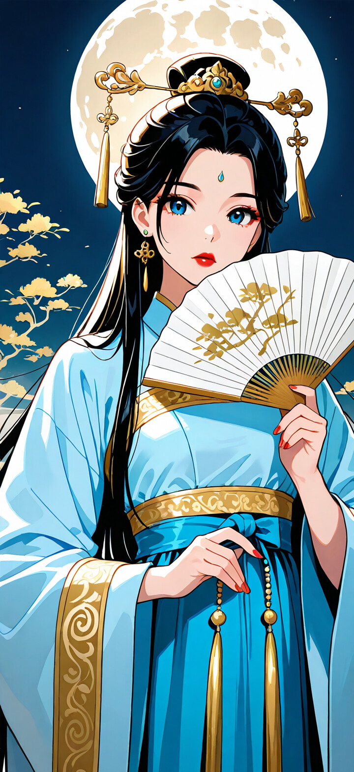 Uma ilustração em estilo anime de uma bela jovem com longos cabelos pretos e olhos azuis, vestindo um tradicional hanfu chinês azul e dourado. Ela segura um leque dourado e está em frente a um fundo circular que representa um céu noturno estrelado com nuvens douradas.