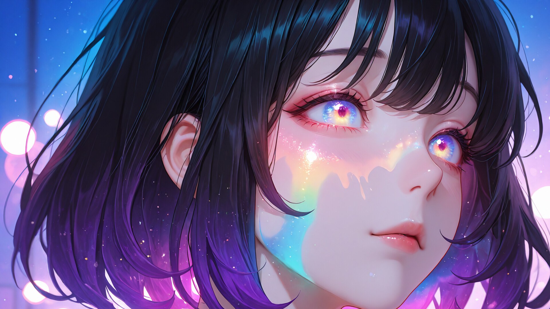 Um retrato artístico em close-up de uma mulher no estilo anime, com cabelo preto curto e pontas roxas, olhando para cima. Uma luz vibrante, com as cores do arco-íris, reflete-se nos seus olhos e ilumina a sua face, contrastando com um fundo azul estrelado.