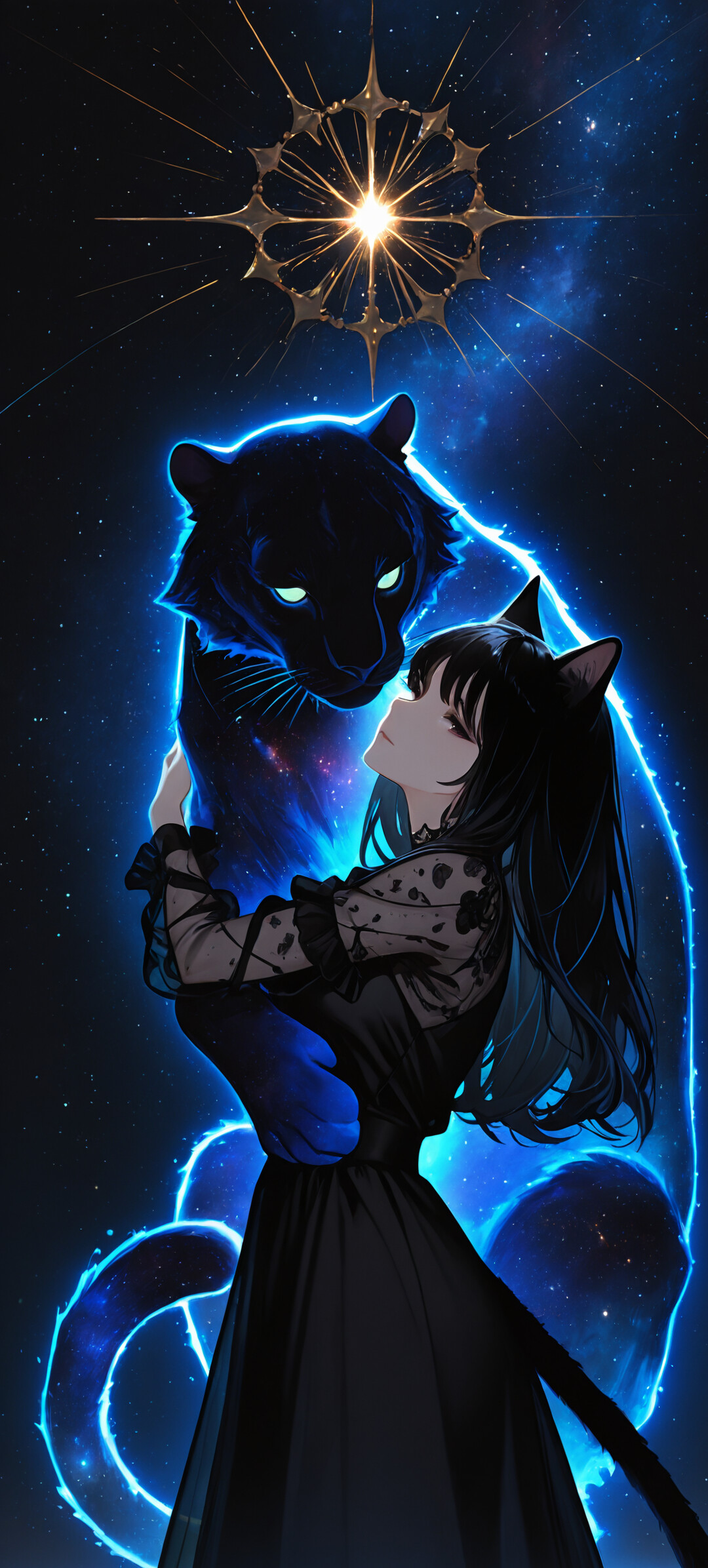 Uma personagem de estilo anime, uma rapariga-gato com cabelo preto curto e um longo vestido preto com mangas transparentes, abraça uma grande pantera negra. Ambos emanam uma aura azul, em frente a um cenário espacial estrelado, com um planeta abaixo e um símbolo celestial dourado acima.