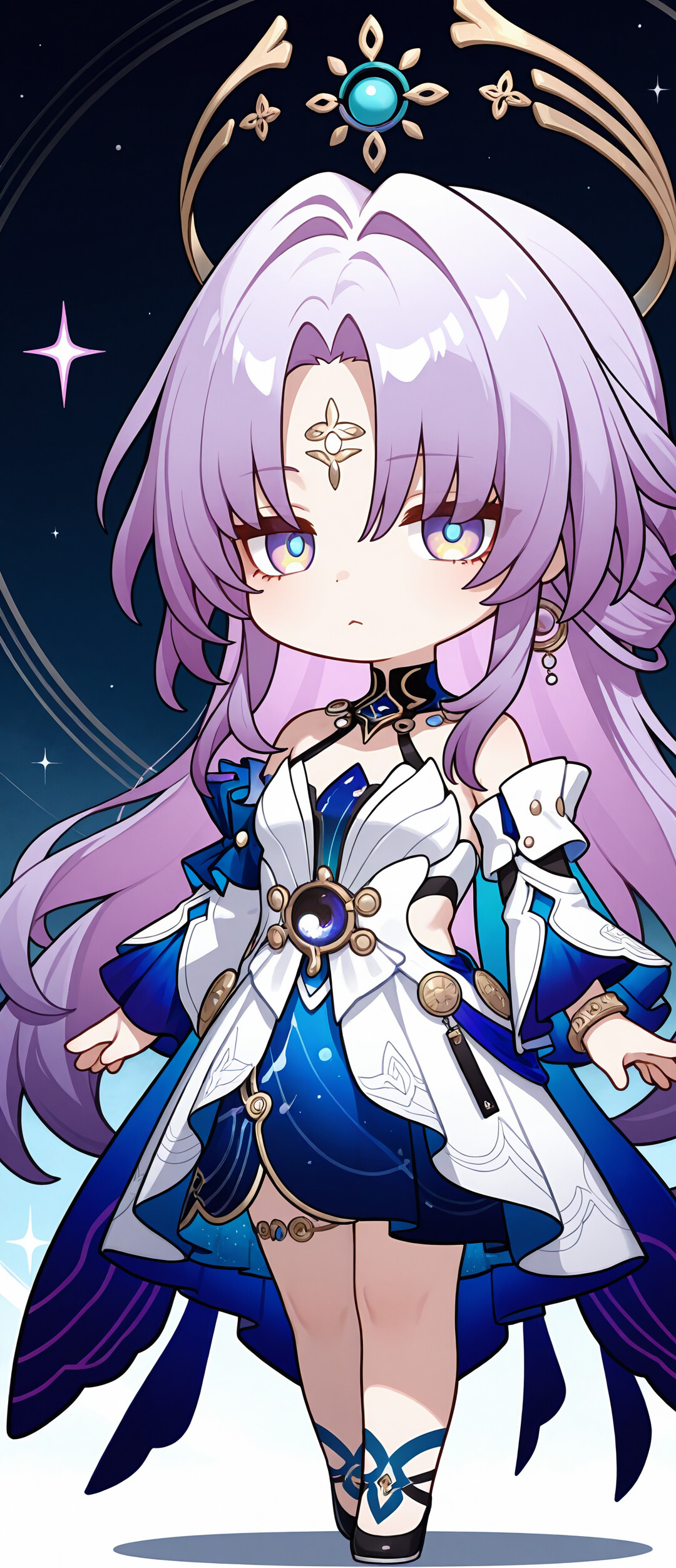 Um desenho fofo no estilo chibi de Fu Xuan, de Honkai: Star Rail. Ela tem longos cabelos cor-de-rosa, uma coroa dourada e um vestido detalhado em branco e azul, e está em pé contra um fundo escuro com estrelas.