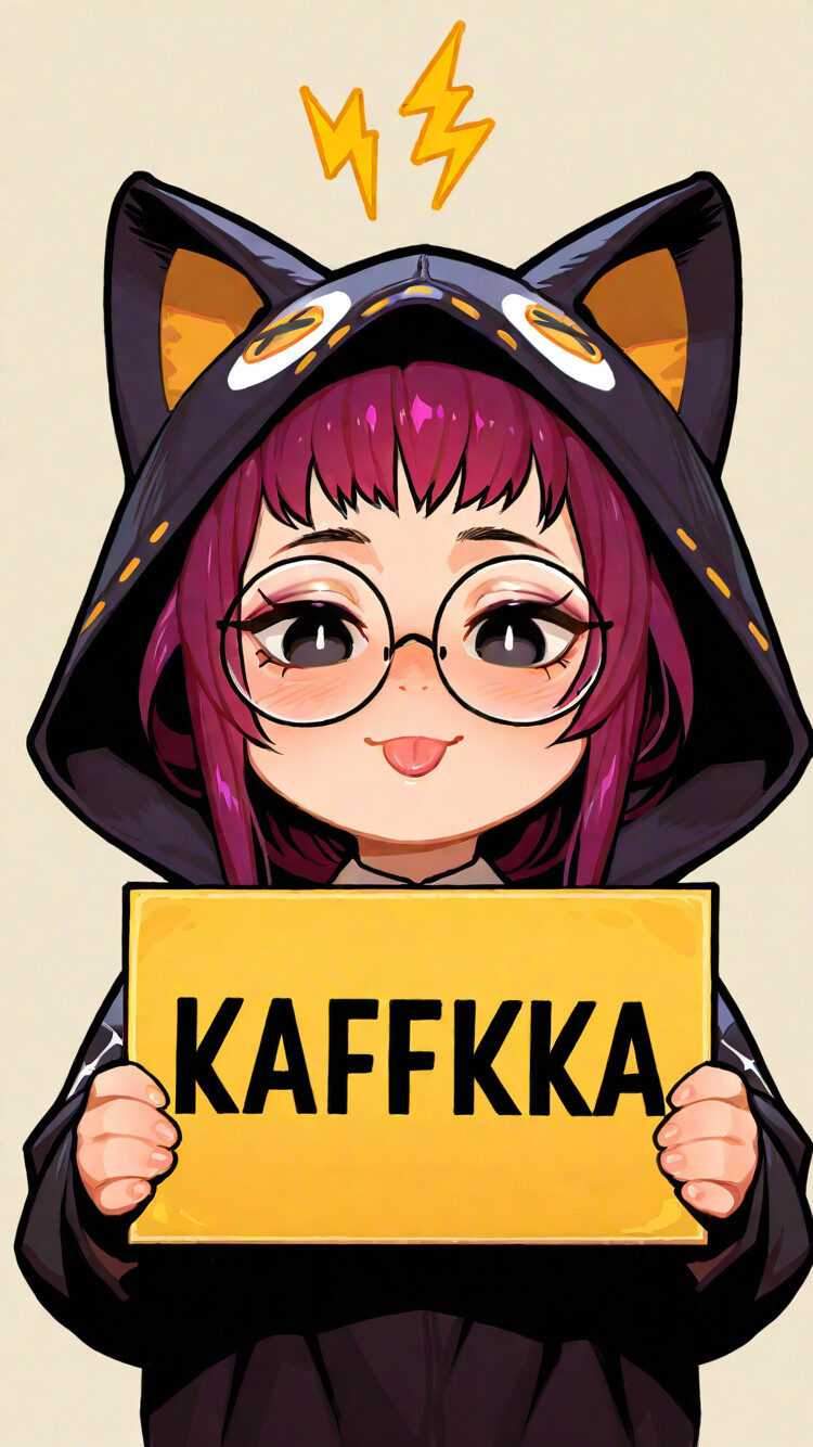 Uma ilustração no estilo chibi de anime de Kafka, de Arknights. Ela tem cabelo roxo, óculos redondos e está vestindo um casaco com capuz preto com orelhas de gato. Ela está mostrando a língua de forma divertida e segurando uma placa branca com um raio amarelo desenhado.