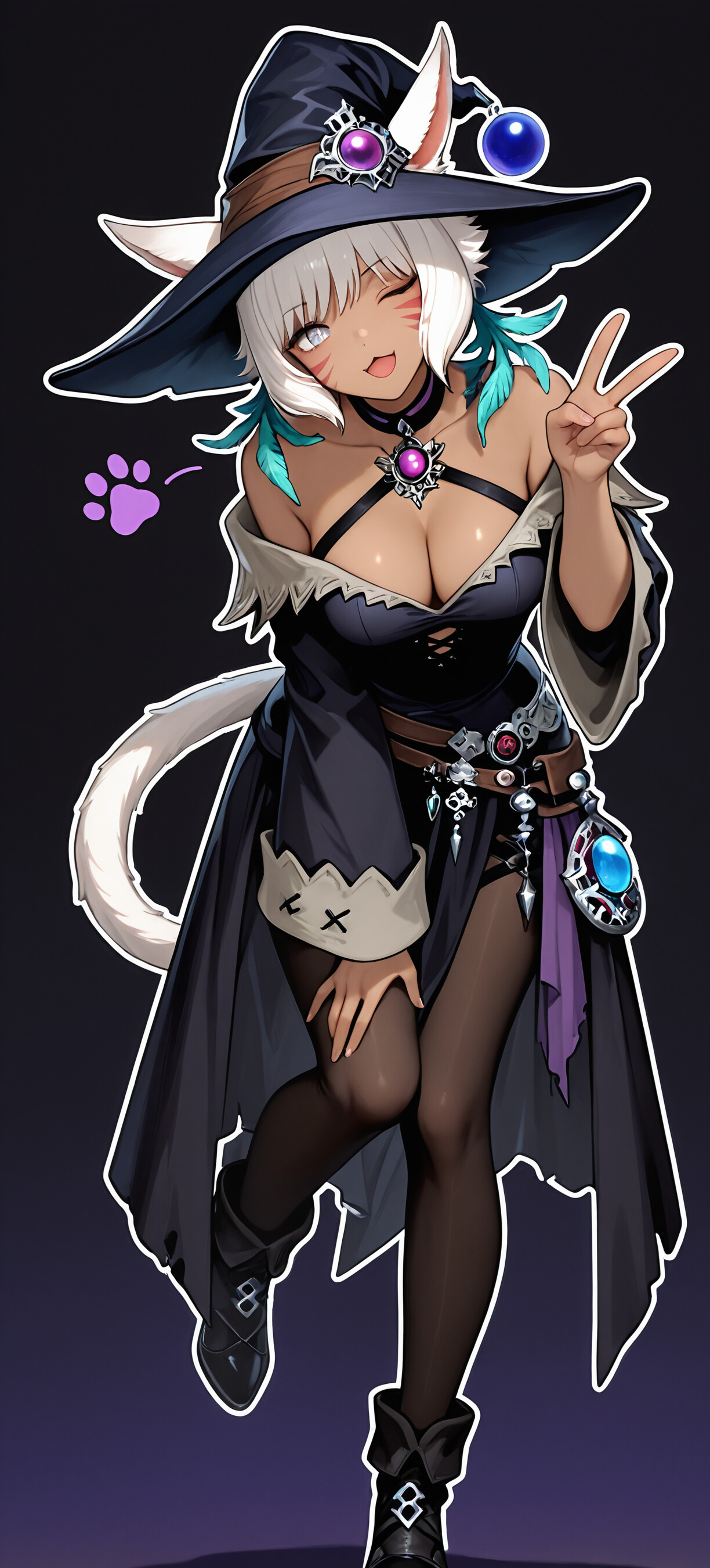 Um desenho fofo no estilo chibi de Y'shtola Rhul, de Final Fantasy XIV: uma garota-gato de pele escura e cabelos brancos, vestida como uma bruxa. Ela está piscando o olho e fazendo o sinal de paz.