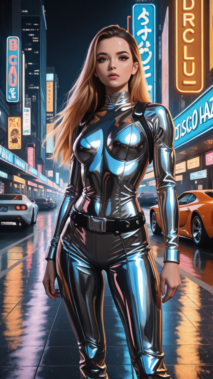 Ilustração completa de uma mulher vestida com um fato de combate futurista preto e cromado, caminhando por uma rua molhada da cidade durante a noite, ladeada por dois carros antigos prateados e cercada por letreiros de néon brilhantes.