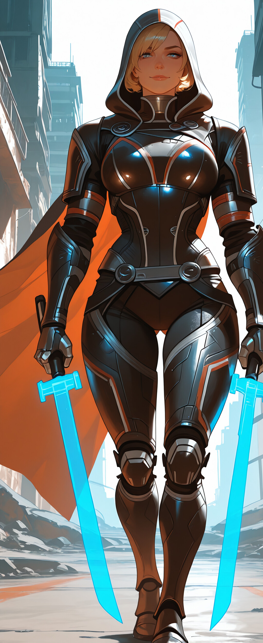 Uma pintura digital de uma mulher loira, a Comandante Shepard, vestida com uma armadura futurista preta e um manto com capuz. Ela está agachada, com um sorriso confiante, e ao fundo pode-se ver uma cidade de ficção científica ao pôr do sol.