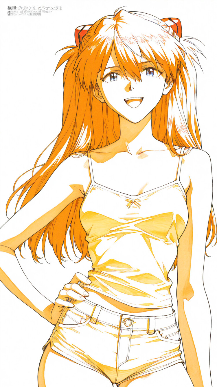 Uma ilustração em traços simples de Asuka Langley Soryu, de Neon Genesis Evangelion, sorrindo com confiança e com a mão na cintura. Ela tem cabelo laranja, preso em duas marias-chiquinhas, e veste uma blusa branca e um short curto, tudo isso sobre um fundo branco liso.