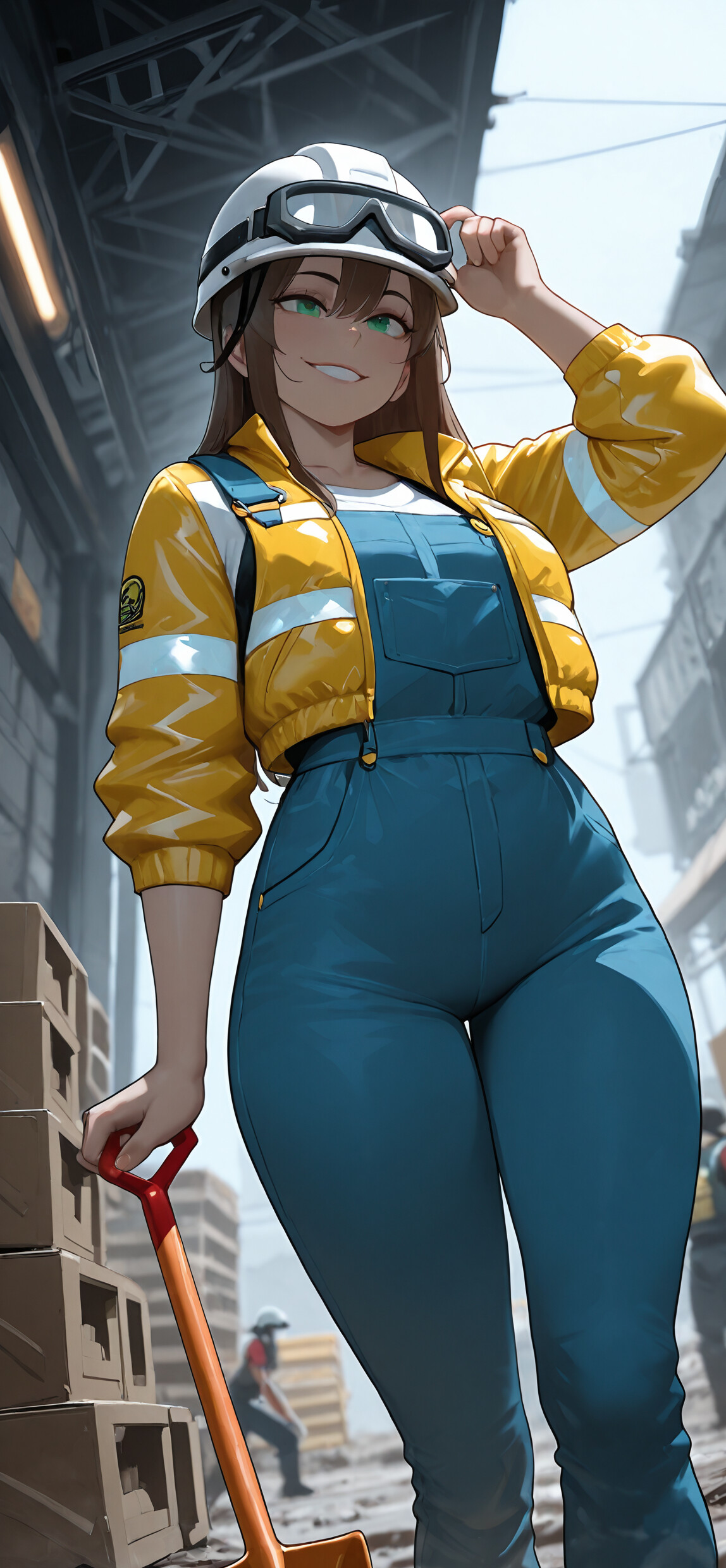 Uma personagem de anime, uma rapariga de longos cabelos verdes e um sorriso confiante, vestida como uma trabalhadora da construção civil, com um capacete amarelo, um casaco amarelo e um macacão azul, segurando uma pá num estaleiro.