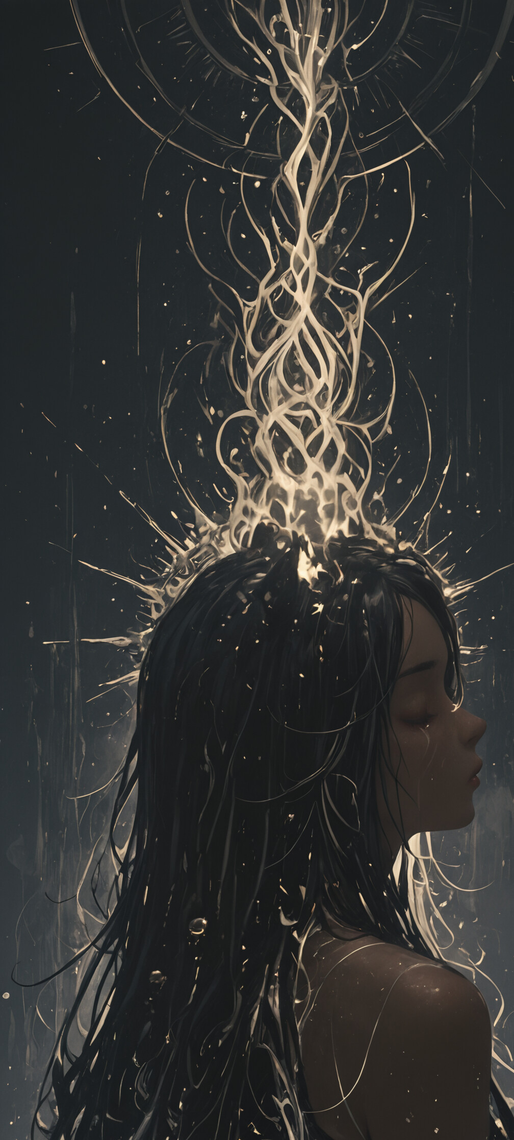 Uma pintura digital que retrata uma jovem serena, com longos cabelos pretos e orelhas de gato pretas, mostrada de perfil. Ela tem os olhos fechados, com um fundo cósmico escuro e um grande padrão celestial dourado e brilhante atrás dela.