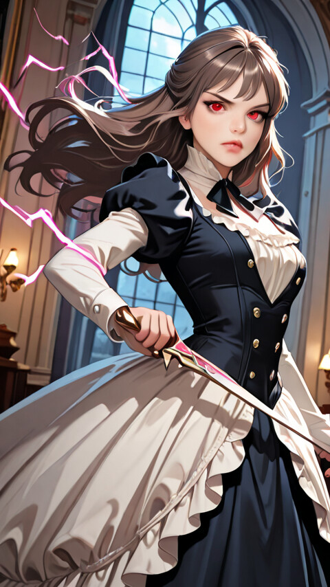 Uma mulher com um visual de anime, com longos cabelos castanhos e olhos vermelhos penetrantes, vestida com um elegante vestido vitoriano em preto e branco, segurando duas espadas que emitem uma aura de relâmpagos cor-de-rosa no interior de um grande salão de baile de uma mansão.