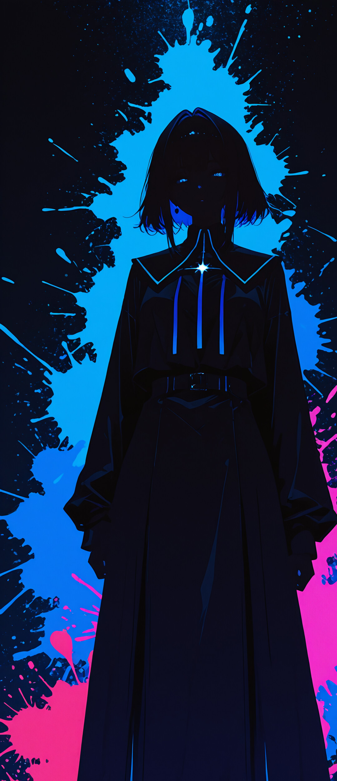 Retrato digital de uma mulher com longos cabelos pretos e olhos vermelhos brilhantes, sobre um fundo de respingos de tinta rosa néon e azul.