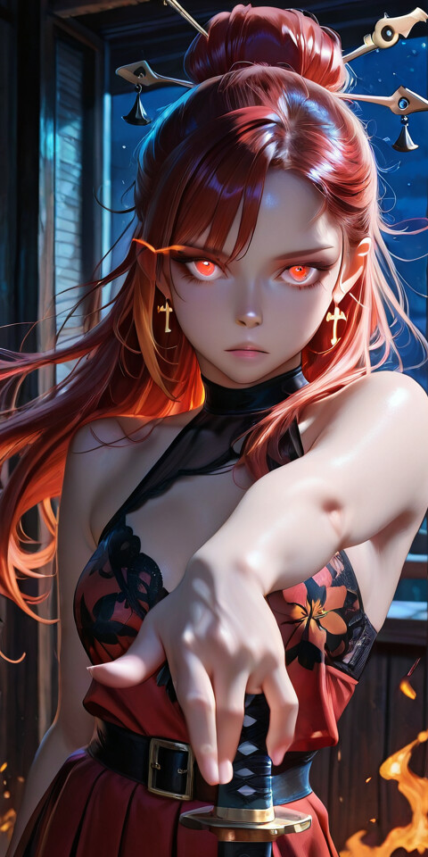 Uma personagem de anime, uma rapariga de cabelo vermelho curto e olhos vermelhos brilhantes, estende a mão em direção à câmara. Ela veste um vestido com um padrão floral em vermelho e preto e segura uma katana num corredor escuro, de estilo japonês tradicional, durante a noite.