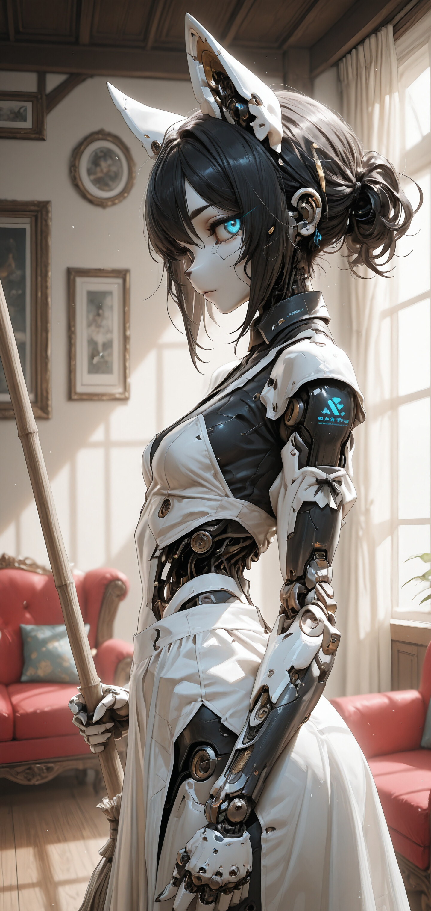Uma ilustração digital de uma ciborgue feminina, com cabelo branco, olhos azuis brilhantes e orelhas de gato, vestida com um uniforme de empregada e segurando um esfregão futurista dentro de um quarto com um estilo clássico.