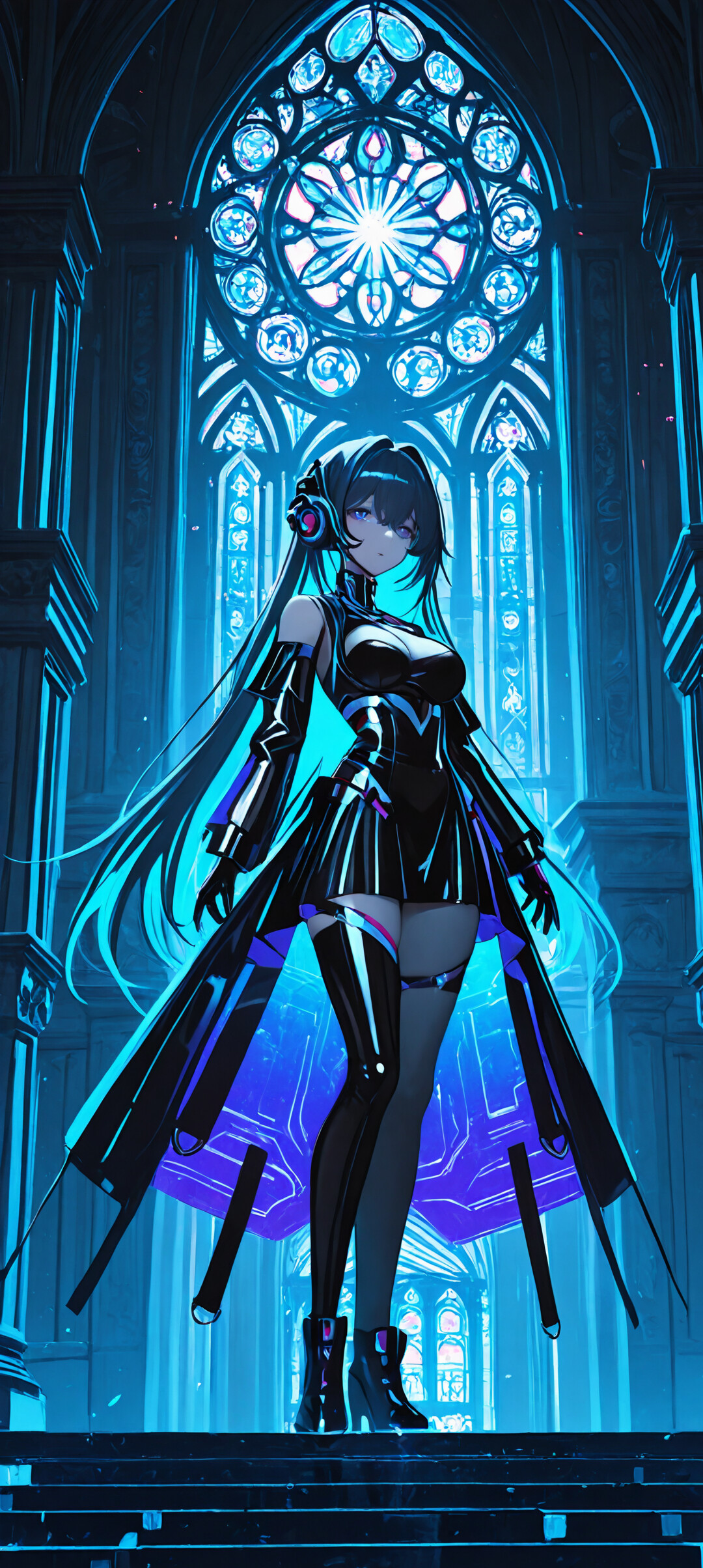 Uma ilustração de corpo inteiro de uma mulher no estilo anime, com longos cabelos azuis, vestindo um macacão futurista preto e azul, em pé dentro de uma catedral gótica escura, iluminada por luzes neon azuis.