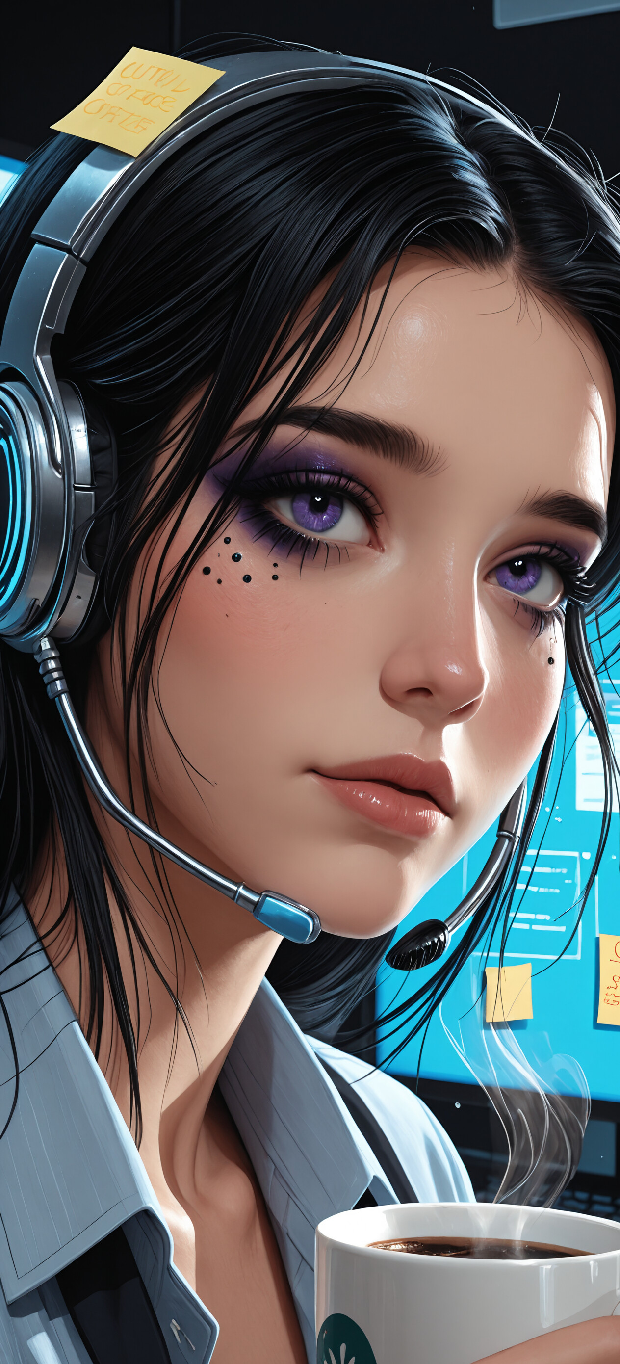 Uma pintura digital de uma jovem loira de olhos azuis, usando um headset luminoso e segurando uma caneca de café numa cabine de escritório.