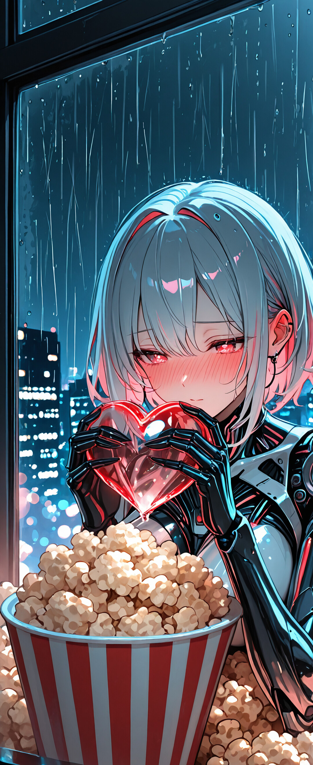 Uma rapariga ciborgue com um estilo de anime, com cabelo curto e azul-claro e olhos azuis, cora enquanto segura um grande balde de pipocas com riscas vermelhas e brancas. Um coração cor-de-rosa e translúcido repousa sobre as pipocas. Ela está em frente a uma janela que mostra uma cidade chuvosa à noite.